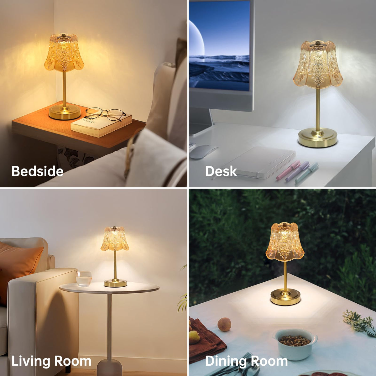 Cordless Touch Table Lamp with 5200mAh Battery - 3 Adjustable Color Temperatures & Dimmable, Rechargeable Desk Lamp for Bedroom, Living Room, Office, Entryway, Bookshelves (Amber Rose)