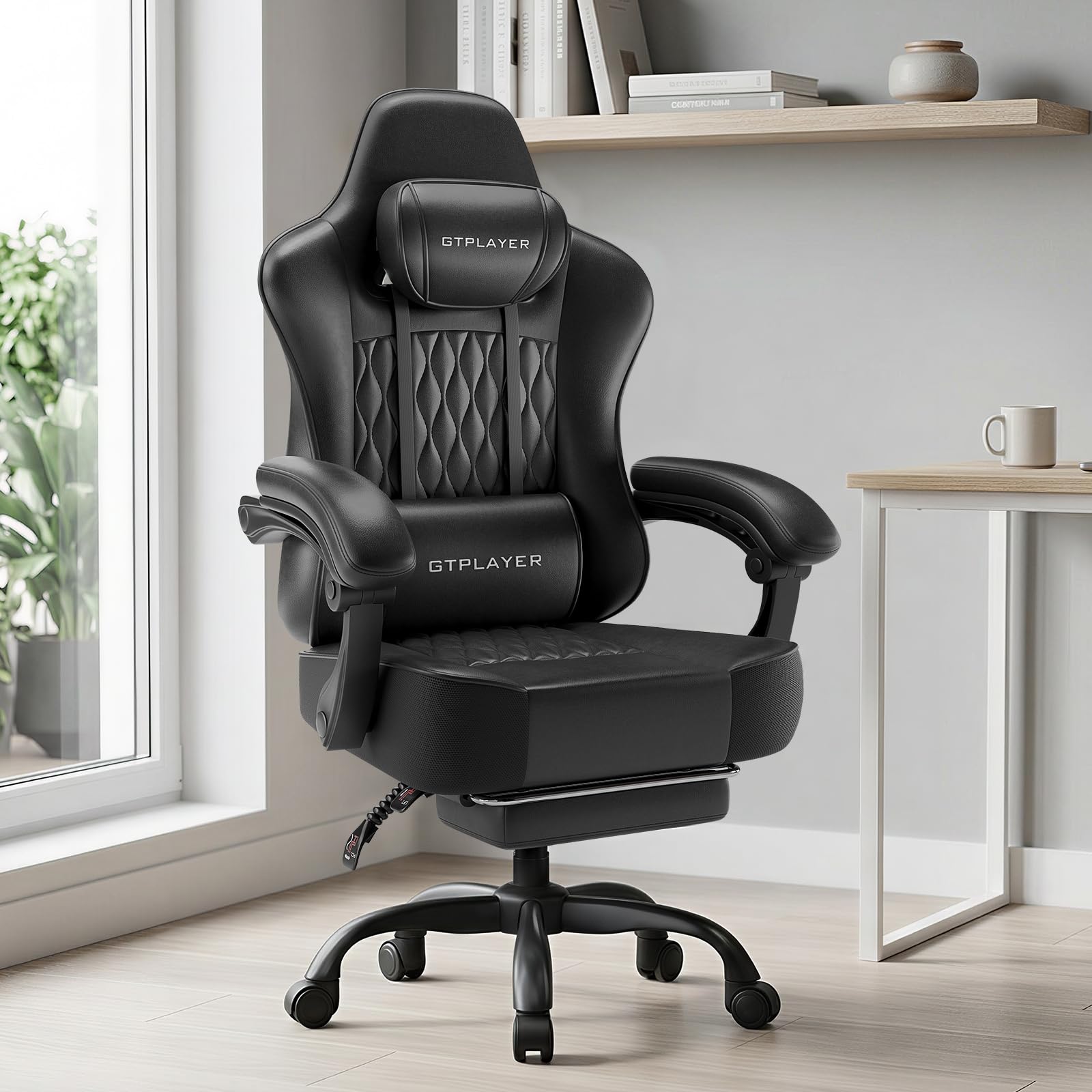 Big and Tall Gaming Chair with Footrest, Ergonomic Office Desk Chair with 4.4in Thick Cushion and Wide Wingless Seat, Comfortable Leather Computer Chair, Predator Series, Satin Black