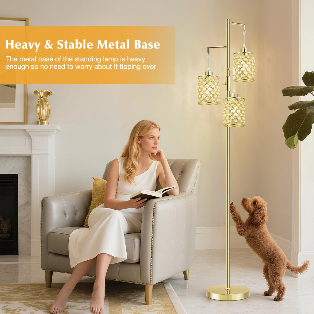 Morden Gold Crystal Floor Lamps for Living Room, 3-Light Standing Tall Lamp with Elegant K9 Crystal Shade & Rotary Switch, Modern Corner Floor Lamp for, Bedroom, Home Office, Reading