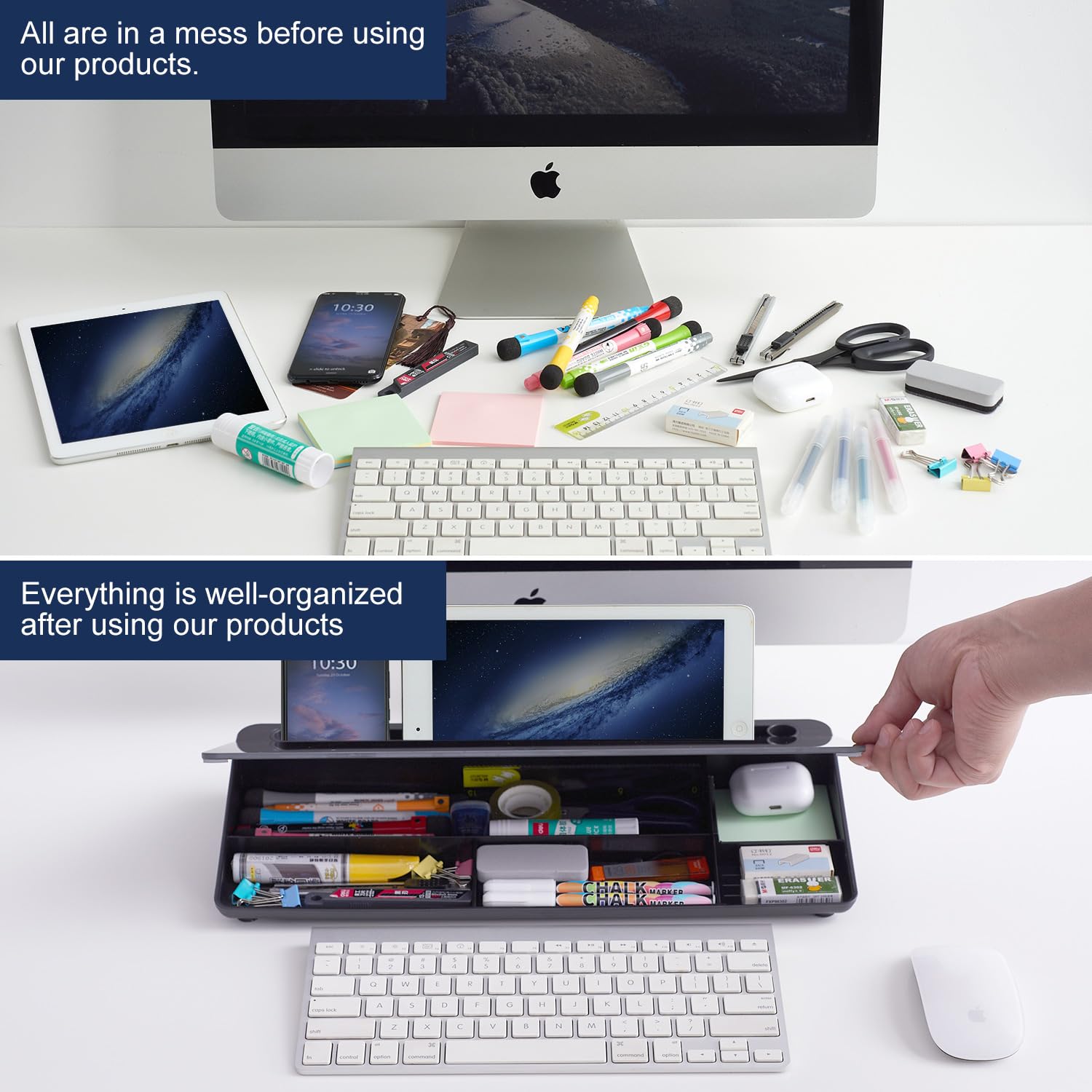 Desktop Whiteboard Dry-Erase-Board - Computer Keyboard Stand White Board Surface Pad with Drawer, Desk Organizers with Accessories for Office, Home, School Supplies - Complete Black