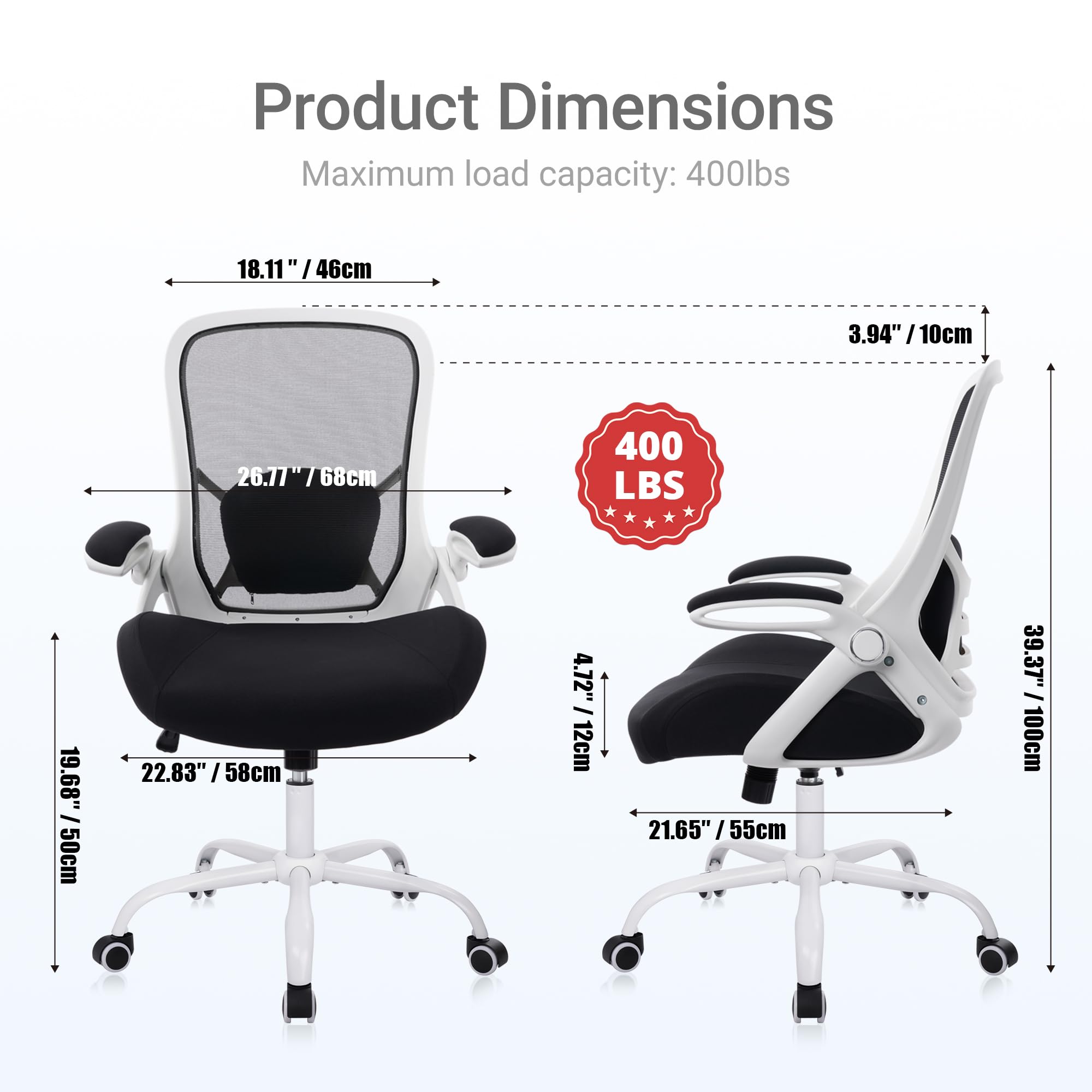 400lbs Heavy Duty Office Chair, 5" Thickened Seat Ergonomic Desk Chair with Adjustable Armrests, Home Office Computer Chairs for Long Hours Mesh Executive Chair(White Base&Black)