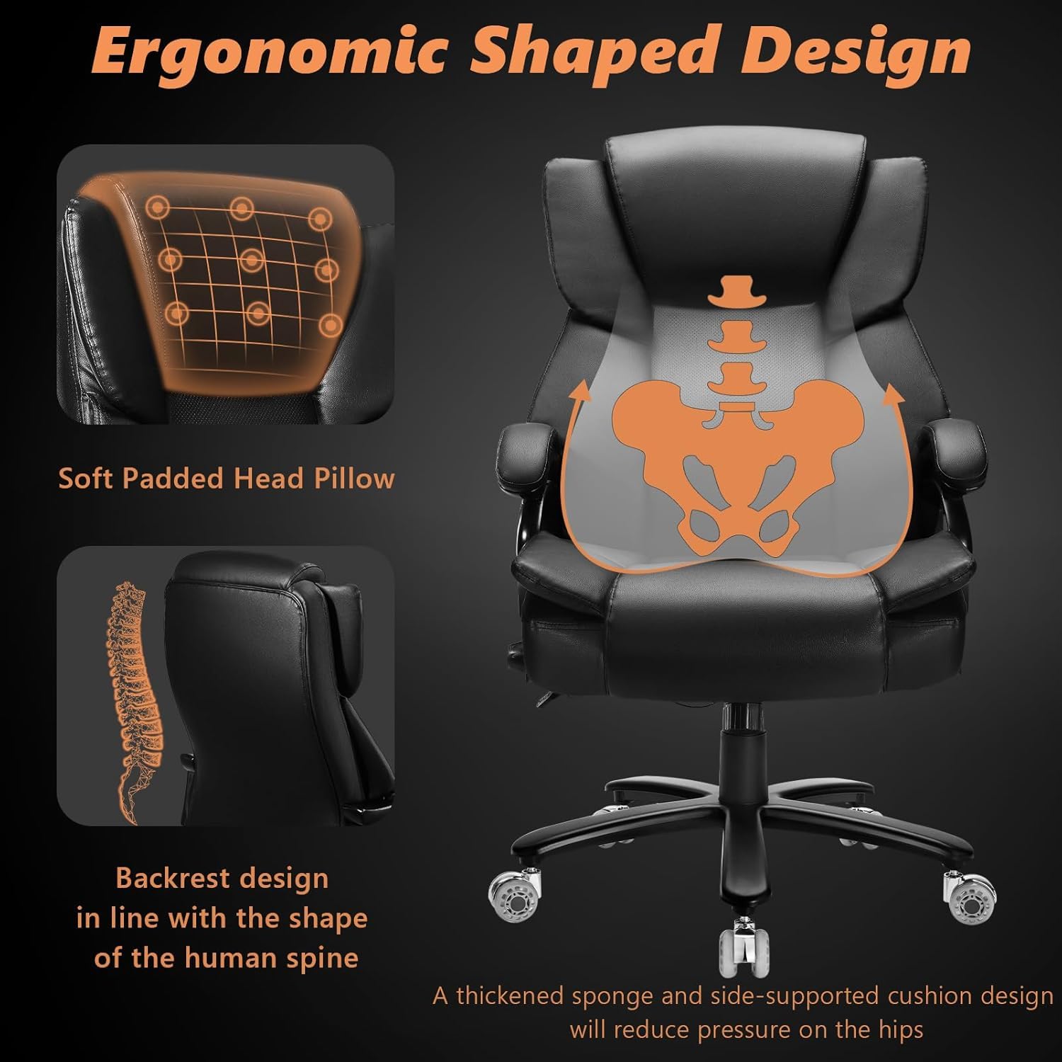 Indulgear 500lbs Big and Tall Office Chair with Gel Seat Cushion,Heavy Duty Office Chair for Heavy People, High Back Executive Computer Chair with Adjustable Lumbar Support, Dual Rubber Wheel