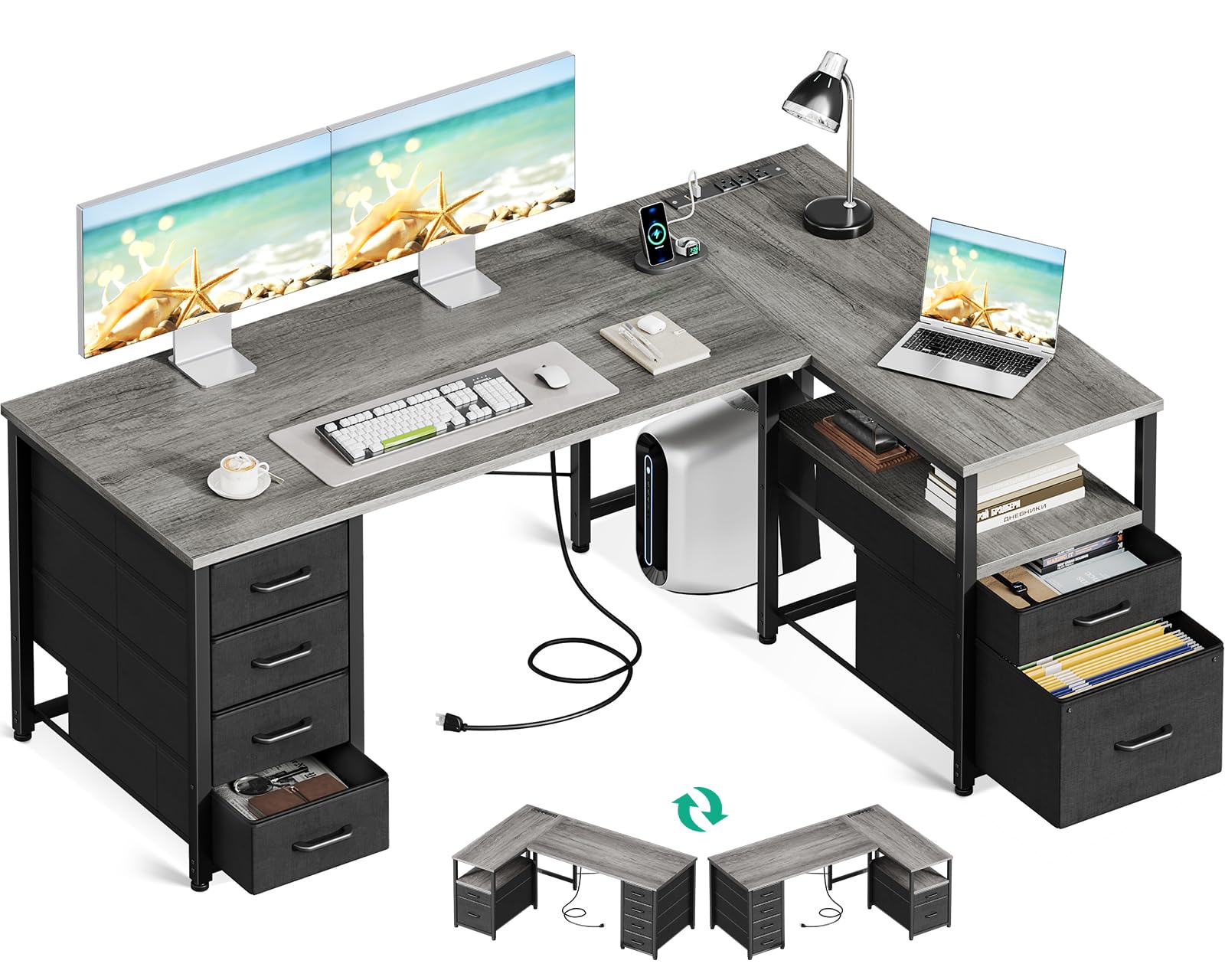 L Shaped Computer Desk with 6 Drawers & Power Outlet, 55 Inch Corner Desk with Reversible Storage Shelf & File Drawer, Home Office Desk, Grey Oak