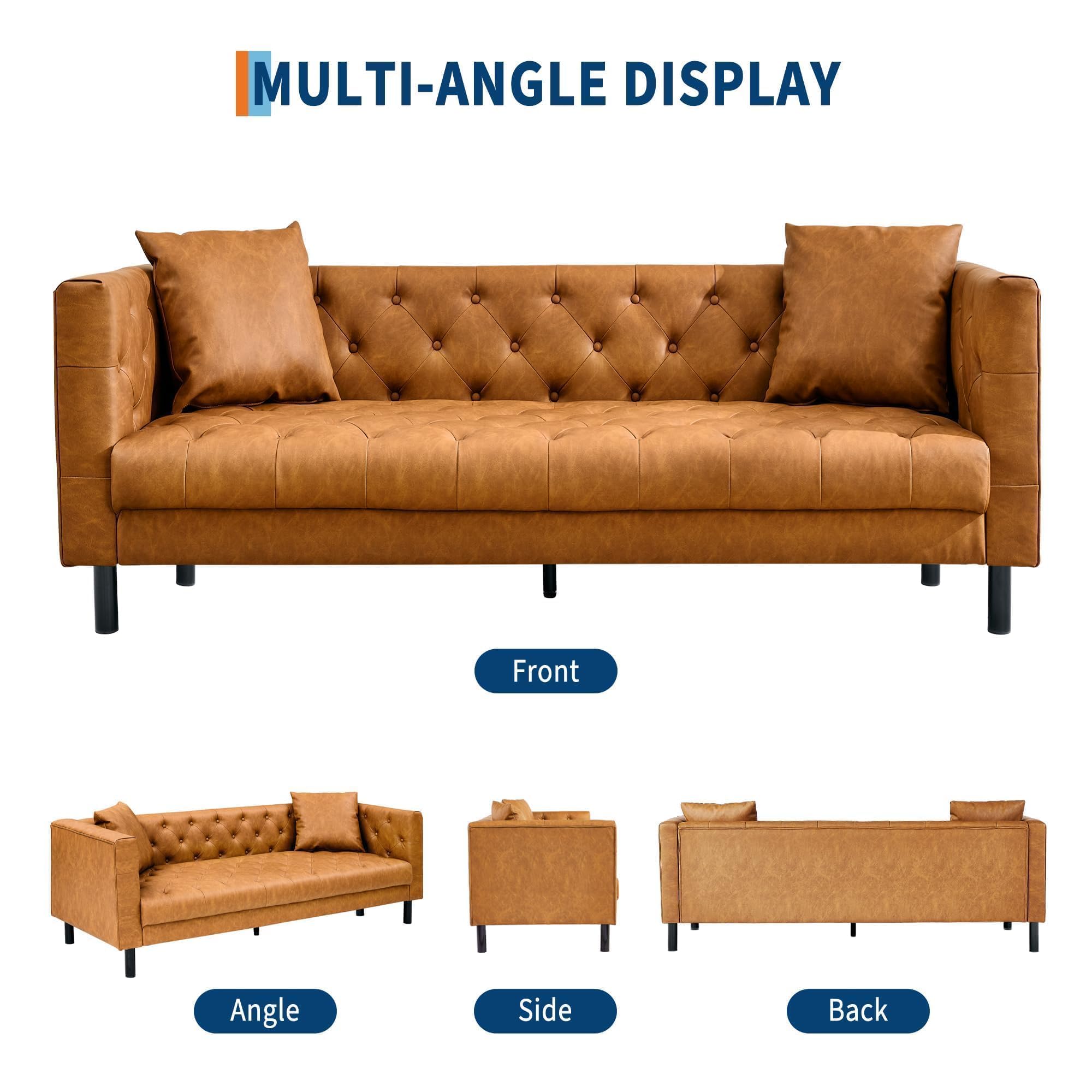 81" Leather Couch, Chesterfield Sofa with Deep Seat, Handmade Button Tufted 3 Seater Sofa, Modern Leather Sofa for Apartment, or Office, Cognac Tan