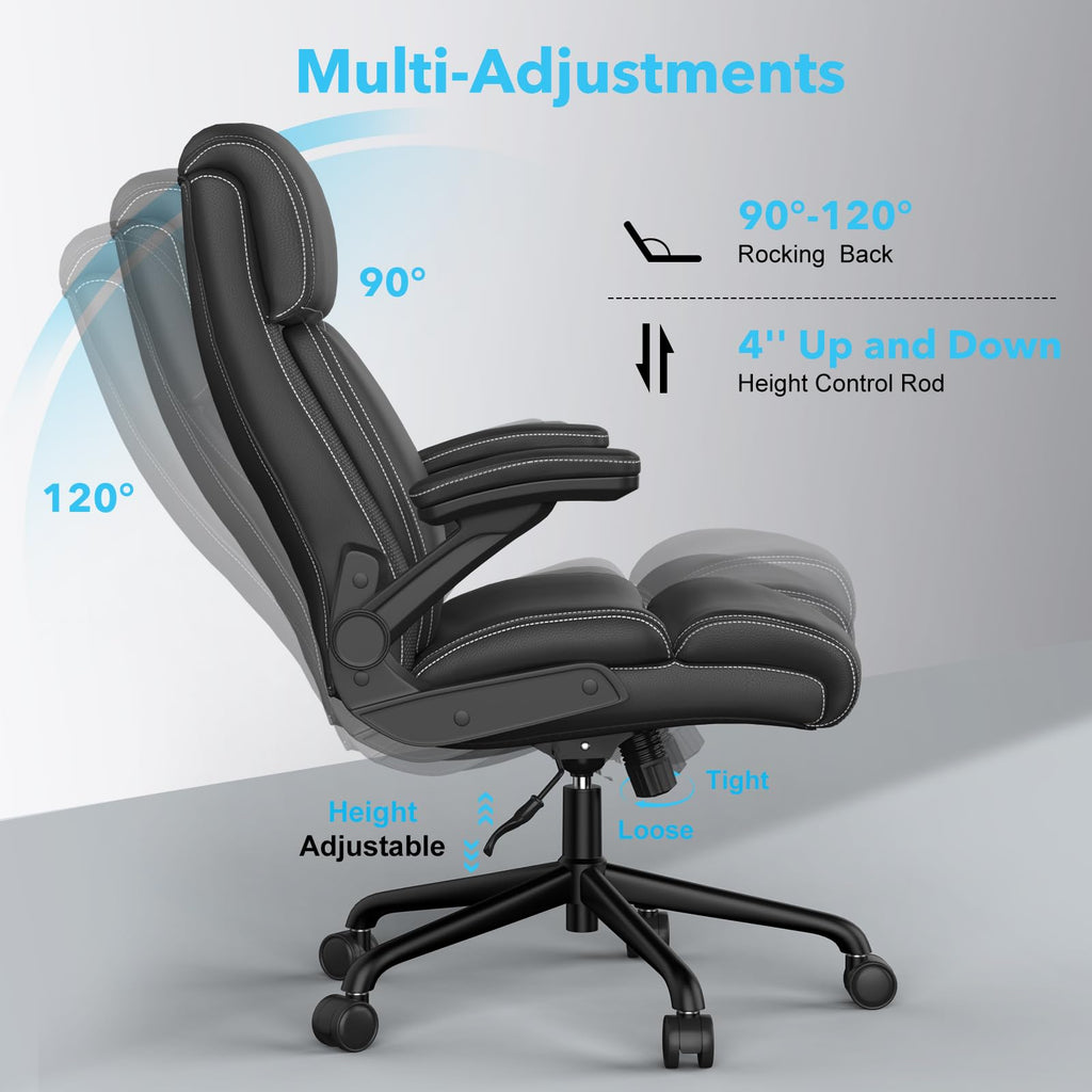 ralex-chair Big and Tall Office Chair, 500lbs for Heavy People, High Back Leather Executive Desk Chair with Flip-up Armrests and Adjustable Height (Black)