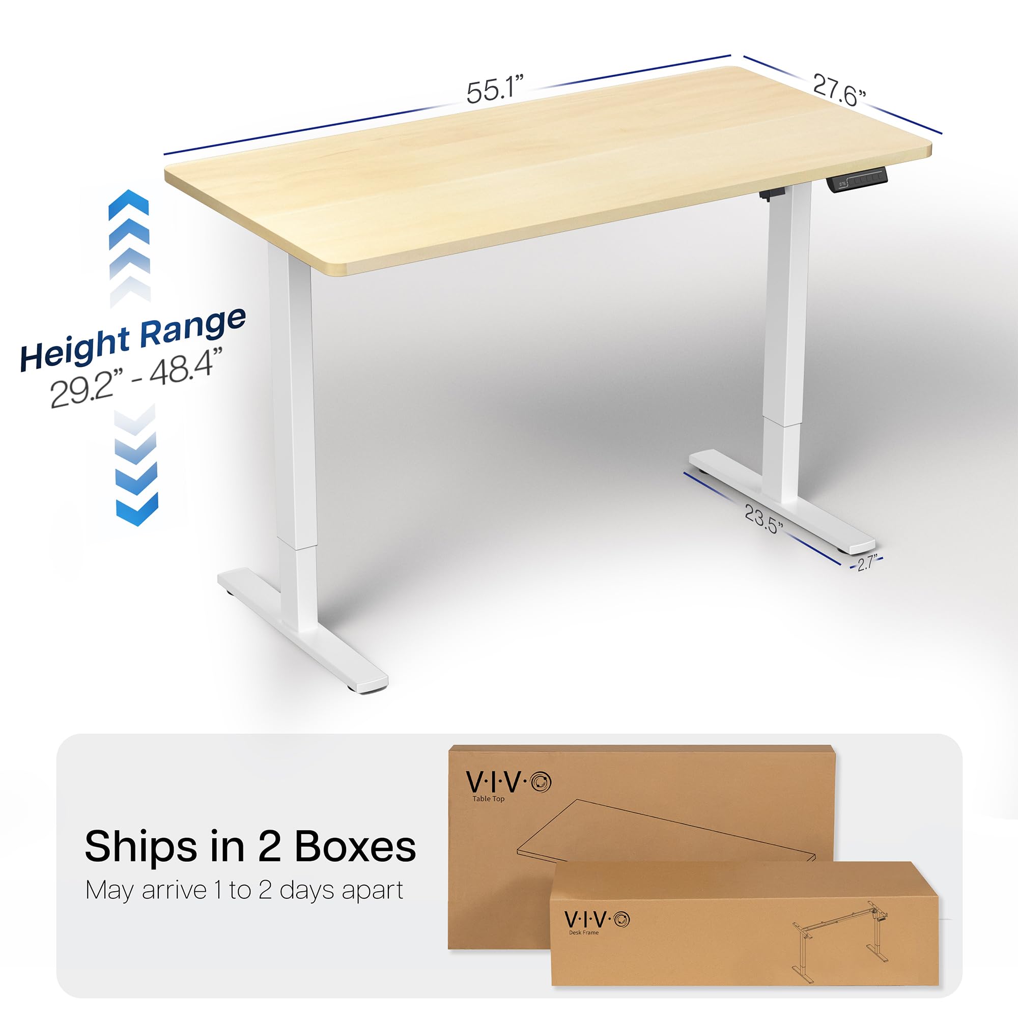 Electric 55 x 28 in Standing Desk, Memory Height Adjustment, 1B Series, Holds 220 lbs, One-Piece Light Wood Top, White Frame
