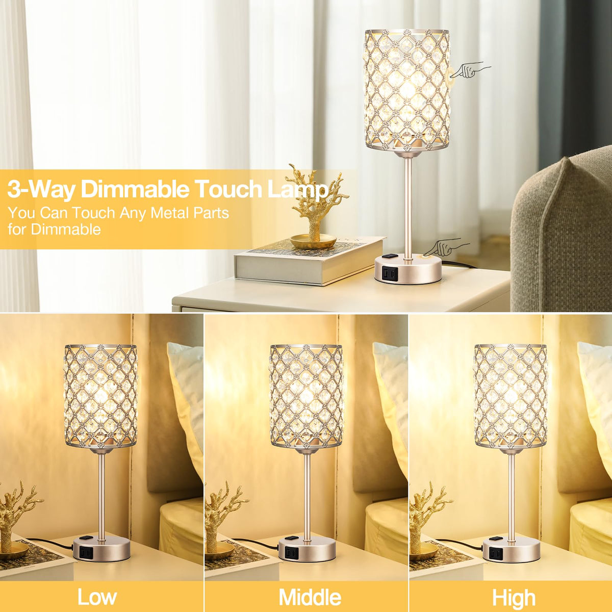 Champagne Gold Lamps for Night Stands, Crystal Table Lamp (Bulb Included)
