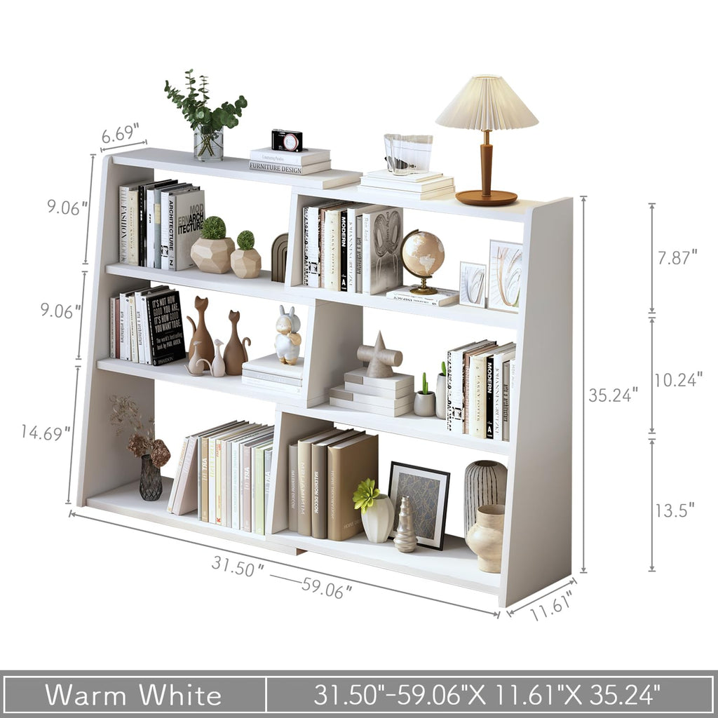 Wooden Extendable Shelf Bookcase, 3-Tier Low Bookshelf, White, L