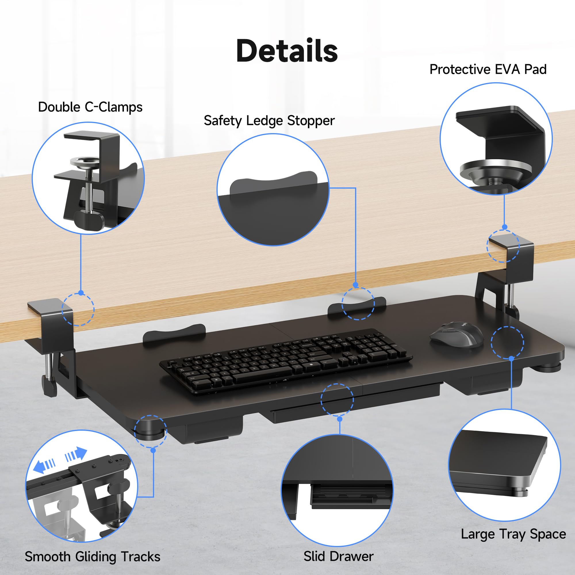 Keyboard Tray Under Desk with Storage Drawer Large C-Clamp 26.7”(31” Including Clamps) x 11.8” Slide-Out Platform Computer Drawer Pull Out Keyboard & Mouse Tray