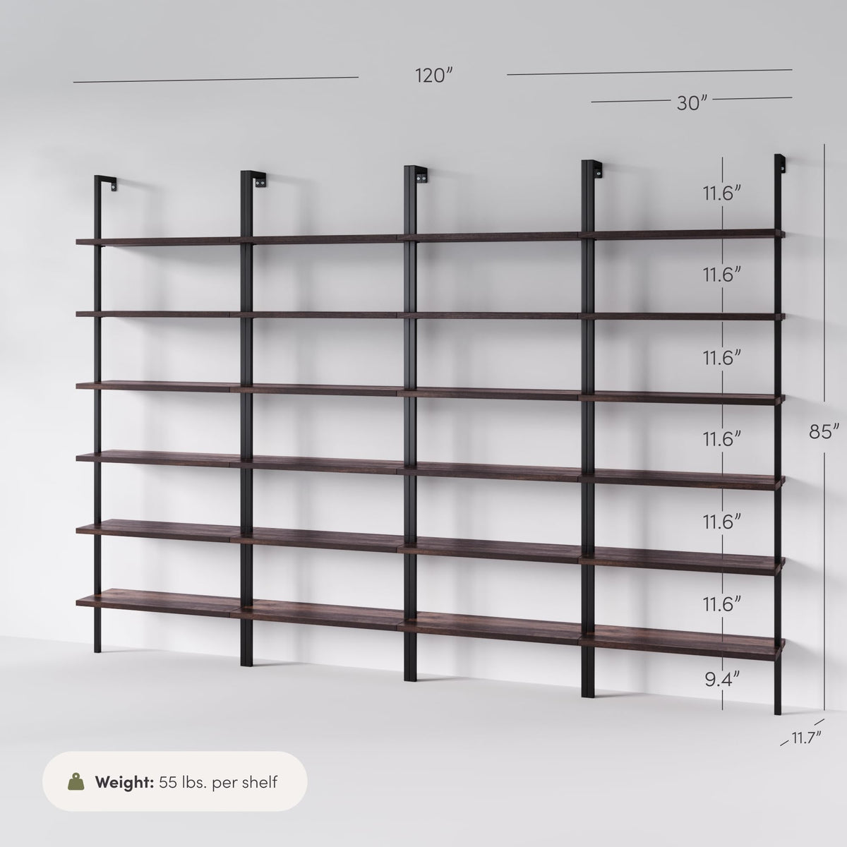 Set of 4, 6-Shelf Tall Bookcase, Wall Mount Bookshelf with Natural Wood Finish and Industrial Metal Frame, Nutmeg/Matte Black