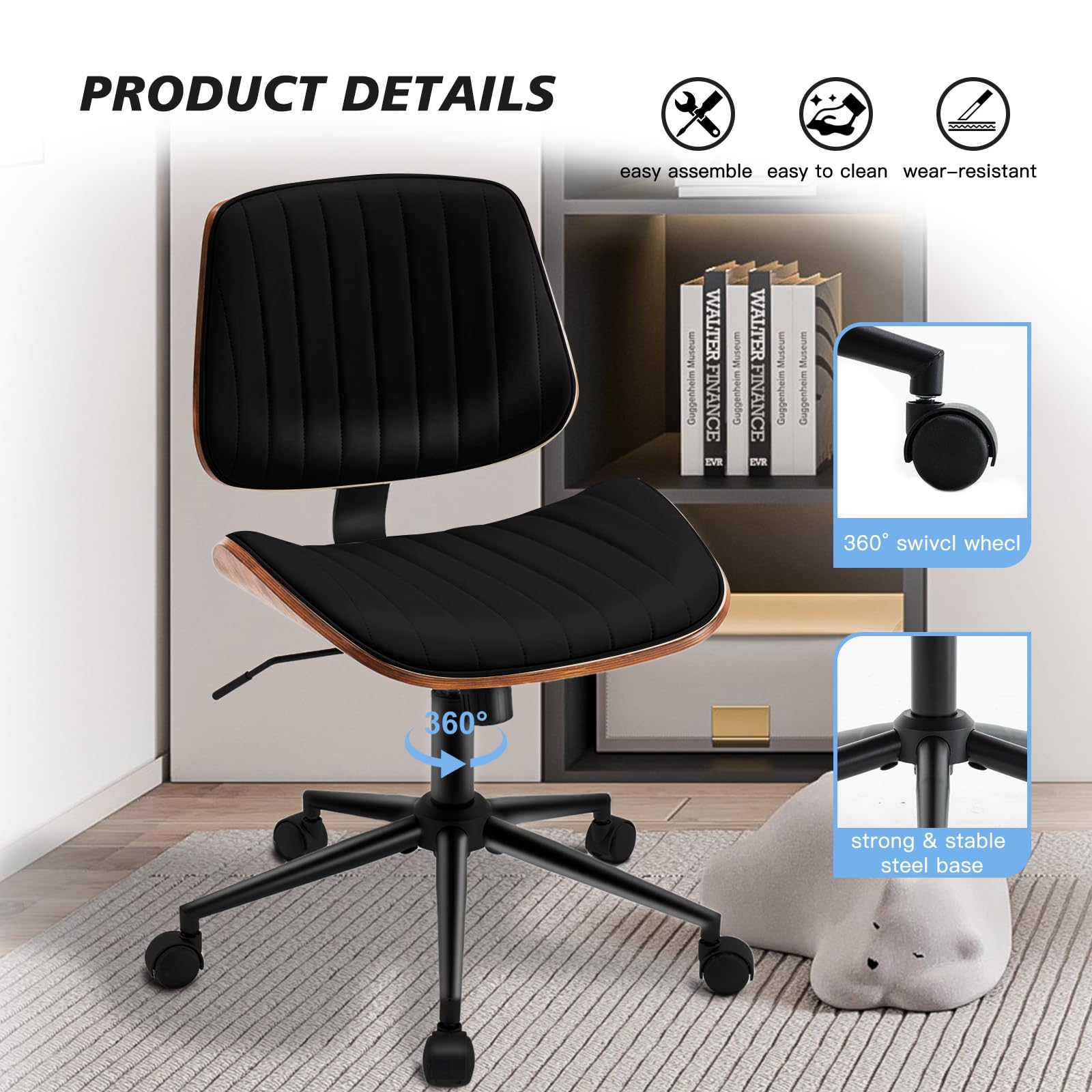 Armless Desk Chair with 360°Swivel Wheels, Ergonomic Adjustable Height Computer Chair for Home Office,PU Leather with Modern Walnut Drafting Chairs for Office, Reading Nook(Black)