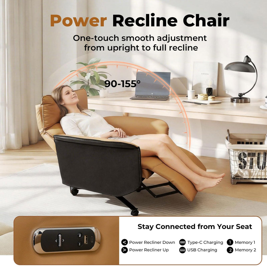 Ergonomic Executive Recliner, Adjustable Electric Office Chair 90-155° with Footrest, 4-Position Headrest, 300LBS Heavy Duty, 2-in-1 Base Swivel Desk Chair w/USB, Brown & Black PU Leather