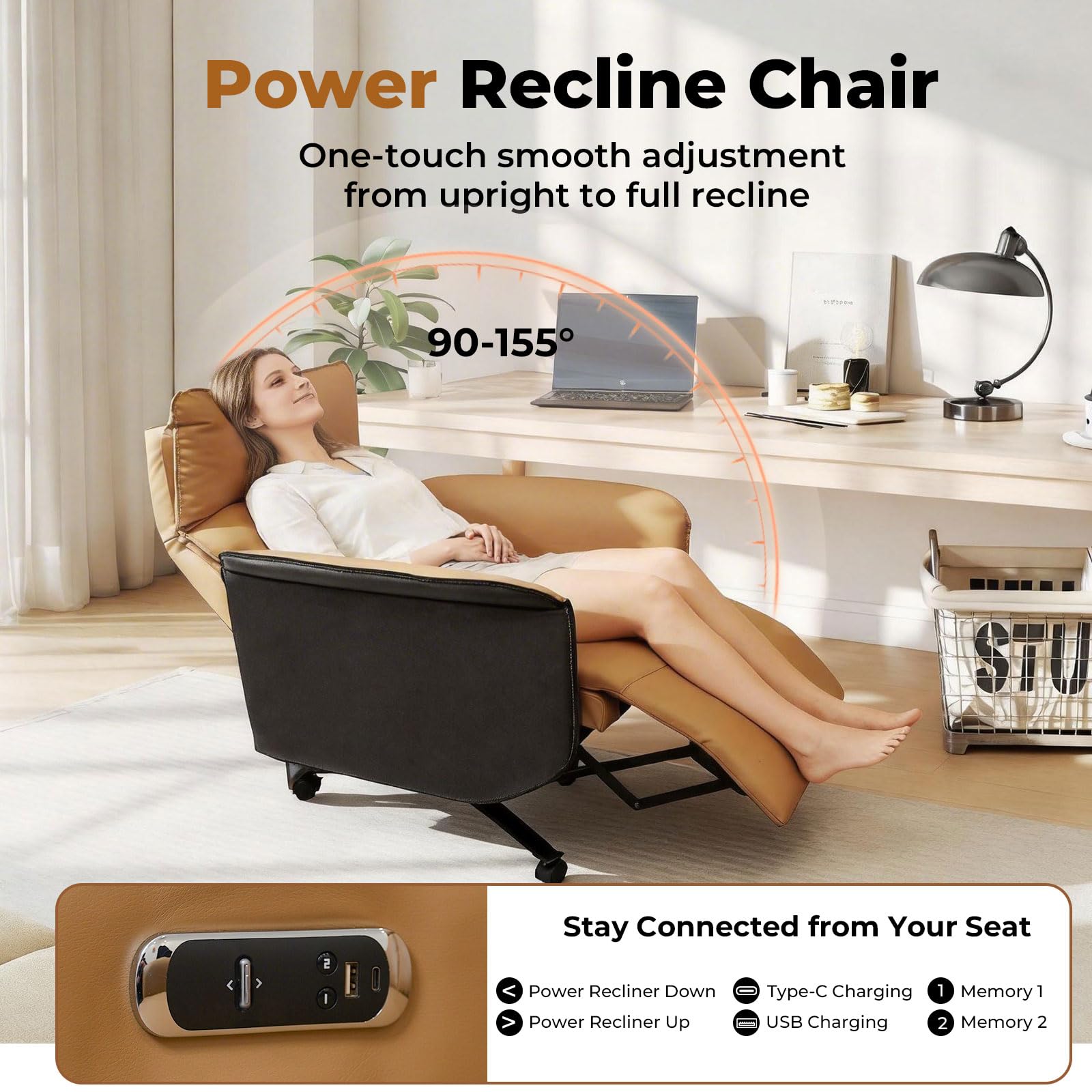 Ergonomic Executive Recliner, Adjustable Electric Office Chair 90-155° with Footrest, 4-Position Headrest, 300LBS Heavy Duty, 2-in-1 Base Swivel Desk Chair w/USB, Brown & Black PU Leather