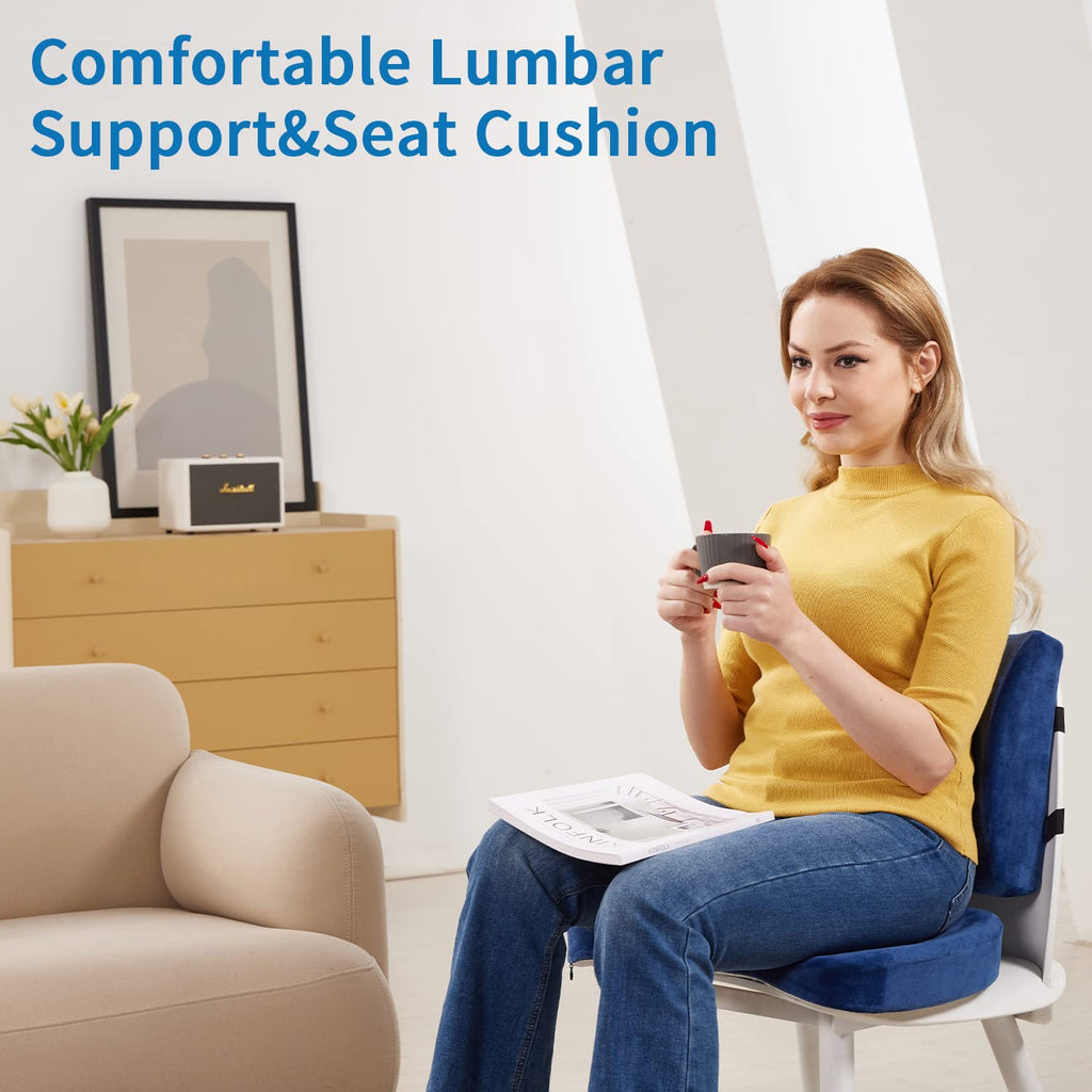 Chair Cushion and Lumbar Support Pillow for Office Chair, Car Seat Cushions Back Support Pillows, Memory Foam Chair Support for Back&Lumbar, Relieve Tailbone Pain and Sciatica (Blue)