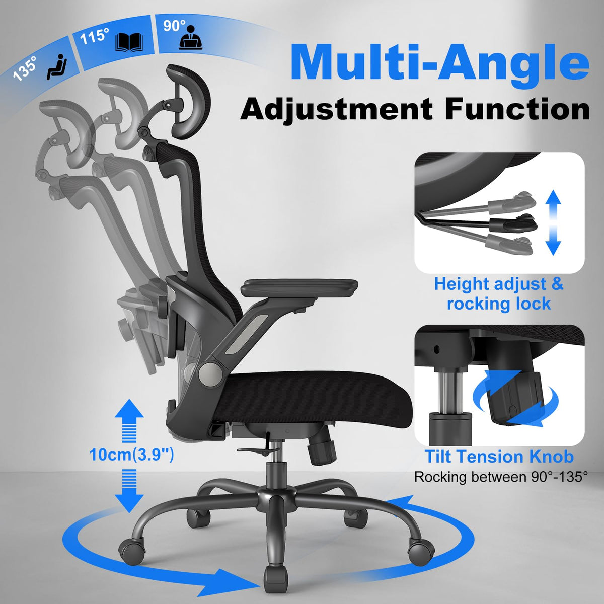 Ergonomic Office Chair, Home Computer Chair with 3D Adjustable Headrest and 4D Flip-Up Armrests, Adjustable Lumbar Support, Suitable for Office and Study, 2PC, Black