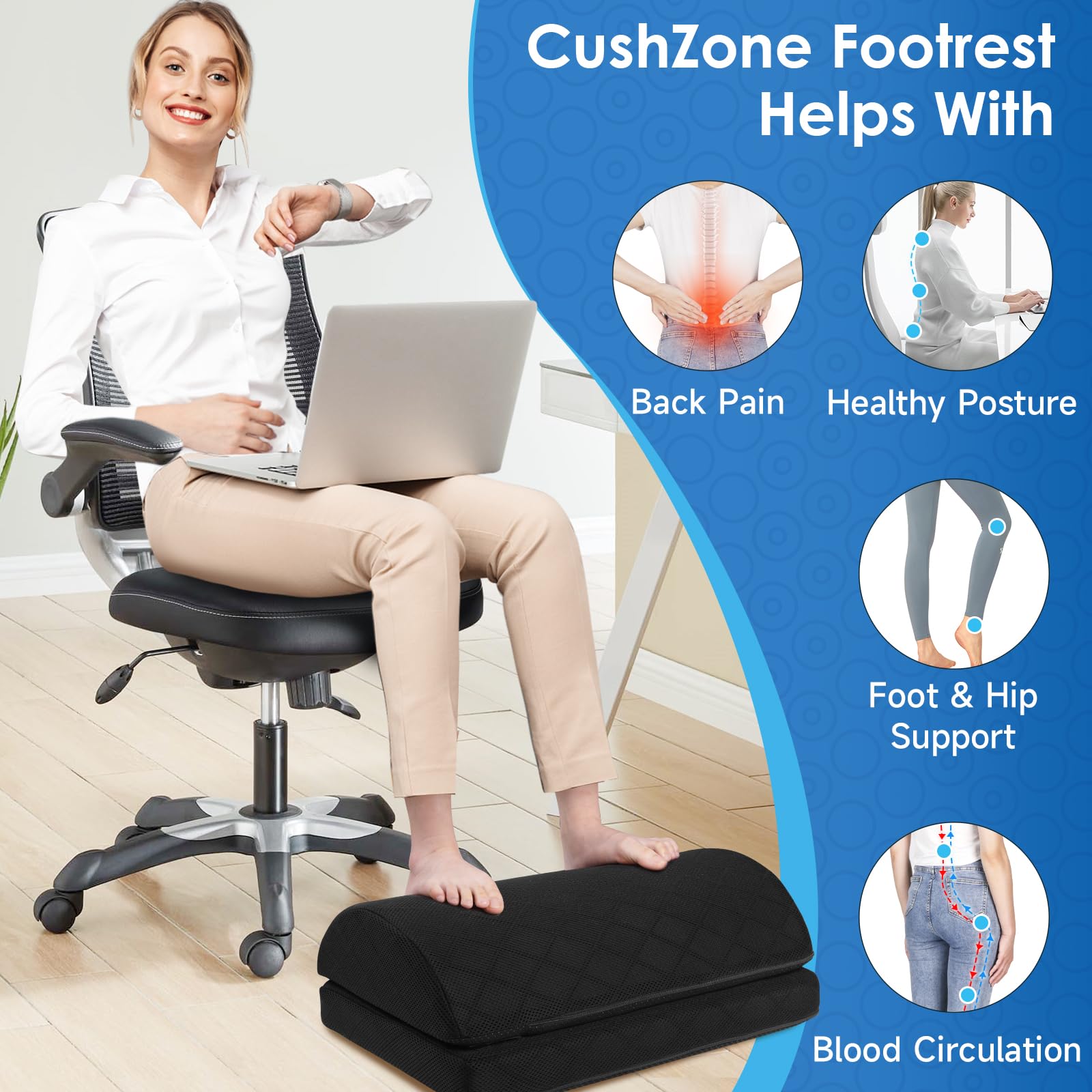 Foot Rest for Under Desk at Work Adjustable Foam for Office and Home, Office Desk Accessories，Comfortable Footrest with 2 Adjustable Heights，Back & Hip Pain Relief (Black-16.9 in)
