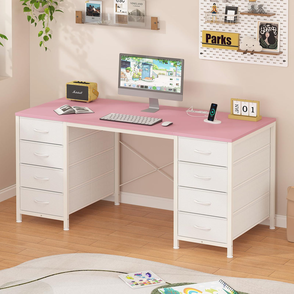 50 Inch Computer Desk with 8 Drawers, Home Office Desk with Power Outlets, Work Study Gaming Desk with 8 Fabric Drawers, Pink
