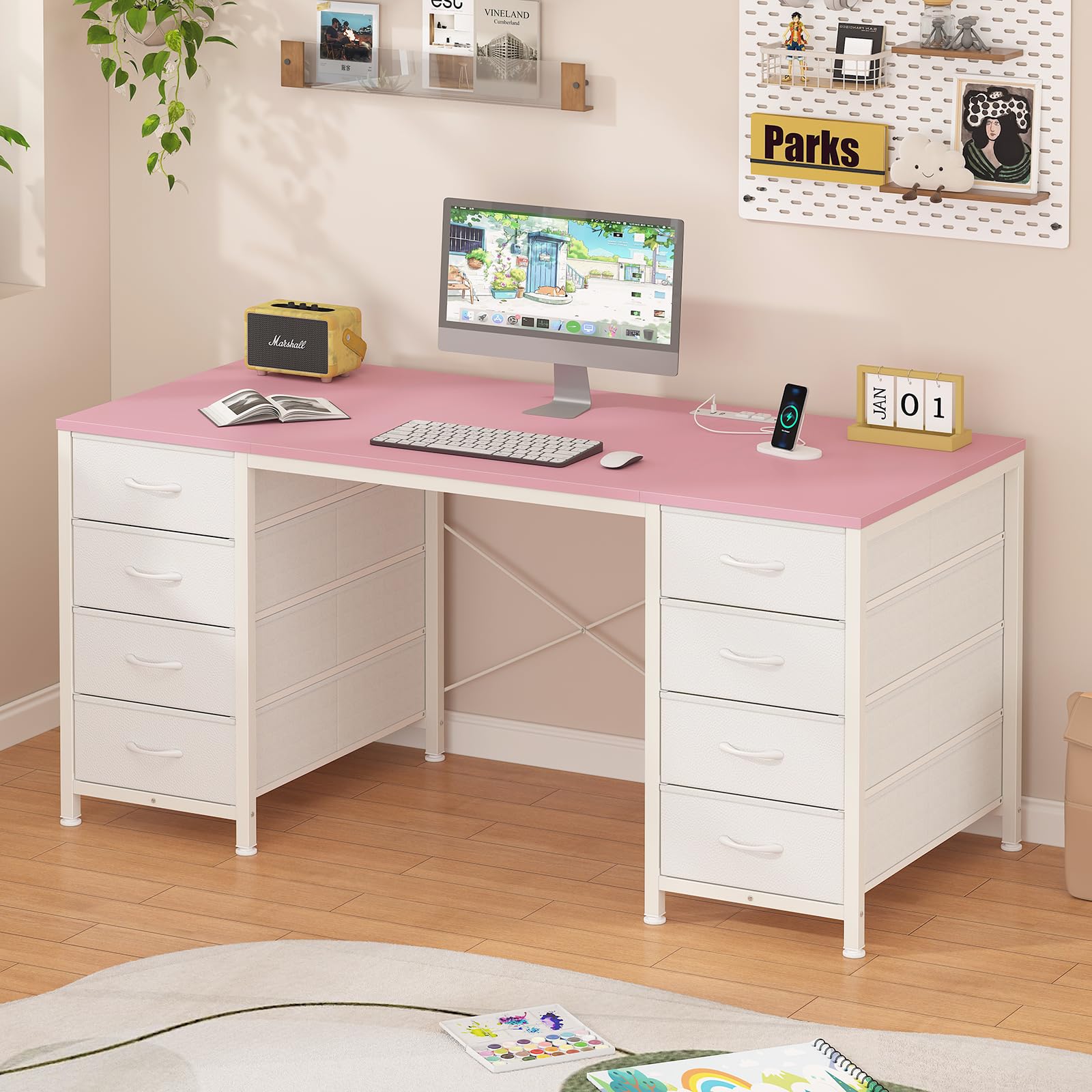 50 Inch Computer Desk with 8 Drawers, Home Office Desk with Power Outlets, Work Study Gaming Desk with 8 Fabric Drawers, Pink