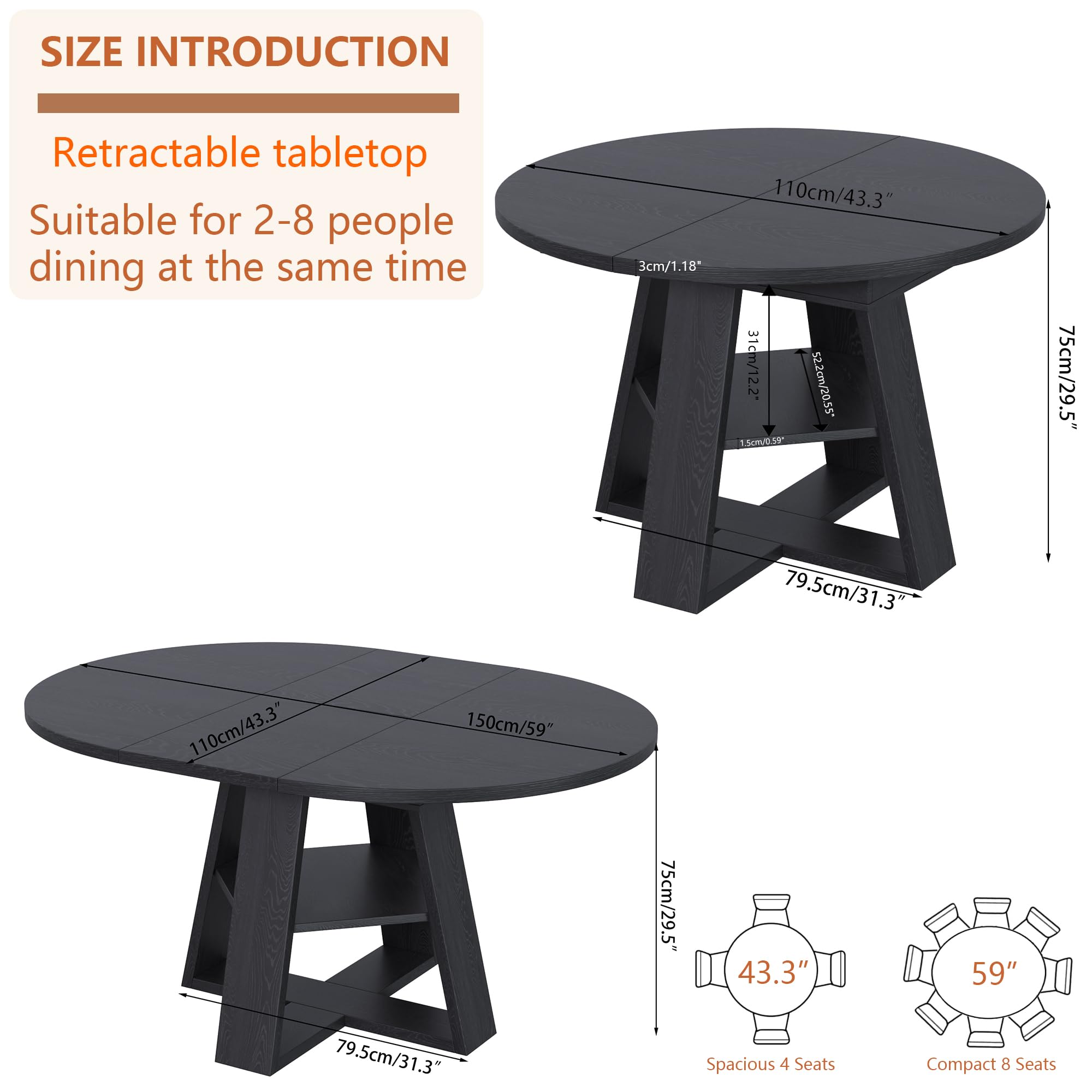 43.3in-59in Extendable Round Conference Table for 4-6 People,Wooden Oval Meeting Room Table with Removable Leaves,Space Saving,Office Table with Storage Shelf for for Office Conference Room