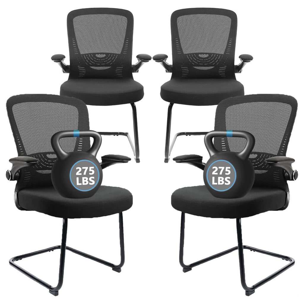 Black (4PK) Office Guest Chair no Wheels, Ergonomic Mesh Desk Chair Adjustable Lumbar Support and Flip Up Arms, Sled Base for Office Guest & Reception Chairs for Conference Room,