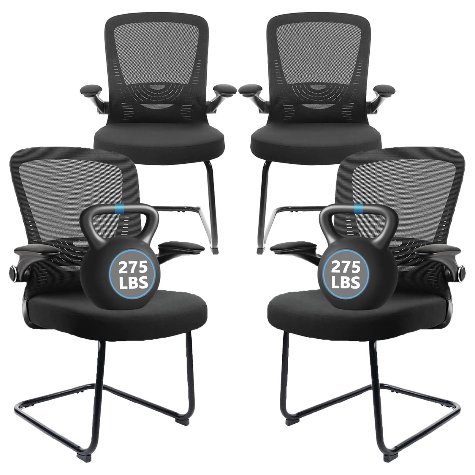 Black (4PK) Office Guest Chair no Wheels, Ergonomic Mesh Desk Chair Adjustable Lumbar Support and Flip Up Arms, Sled Base for Office Guest & Reception Chairs for Conference Room,