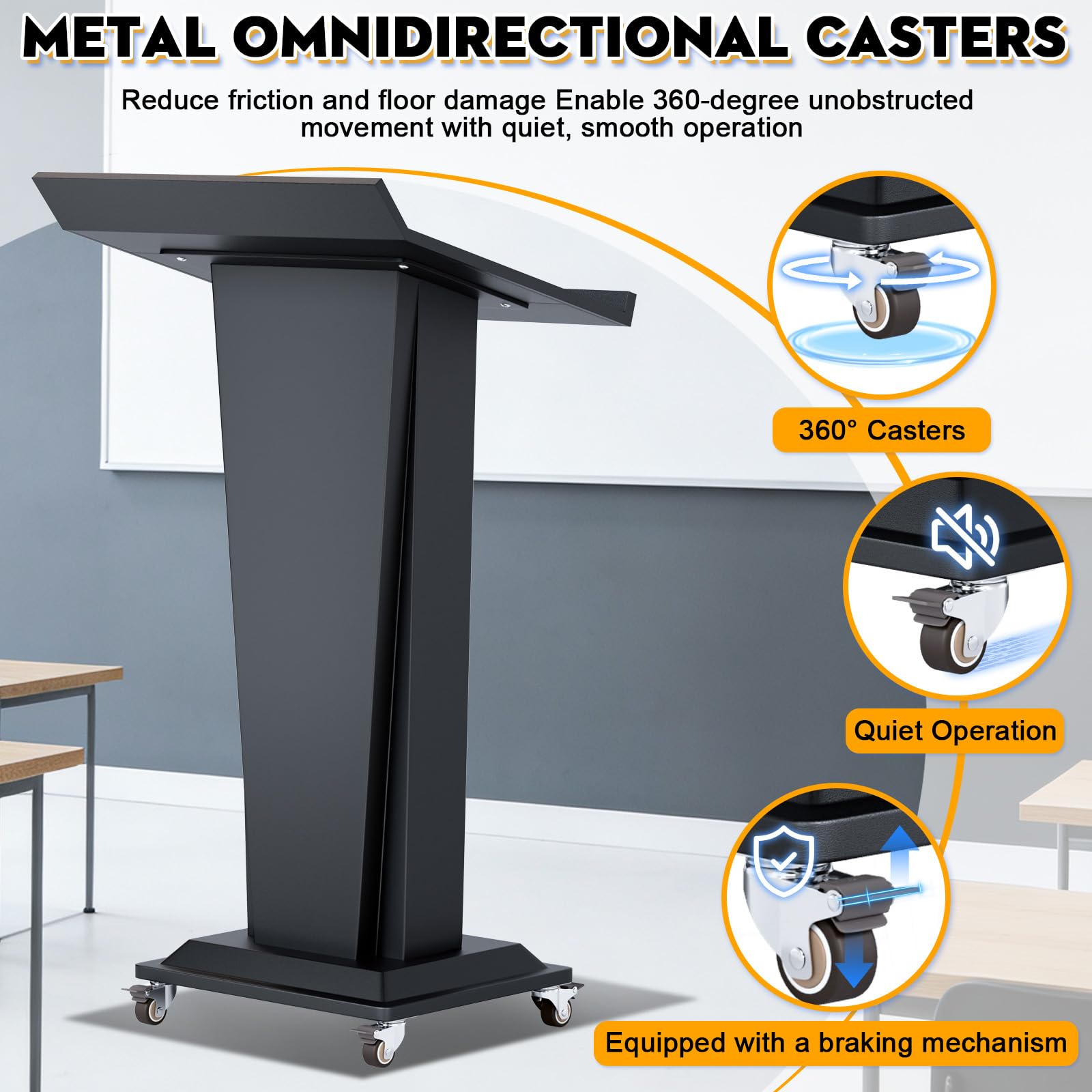 Ultral 45.3IN Podium Lectern with Wheels, Iron Pulpit for Churches Stand with Lockable Double-Layer Storage, Modern Metal Pulpits Lectern for Classroom, Conference, Presentation,Wedding