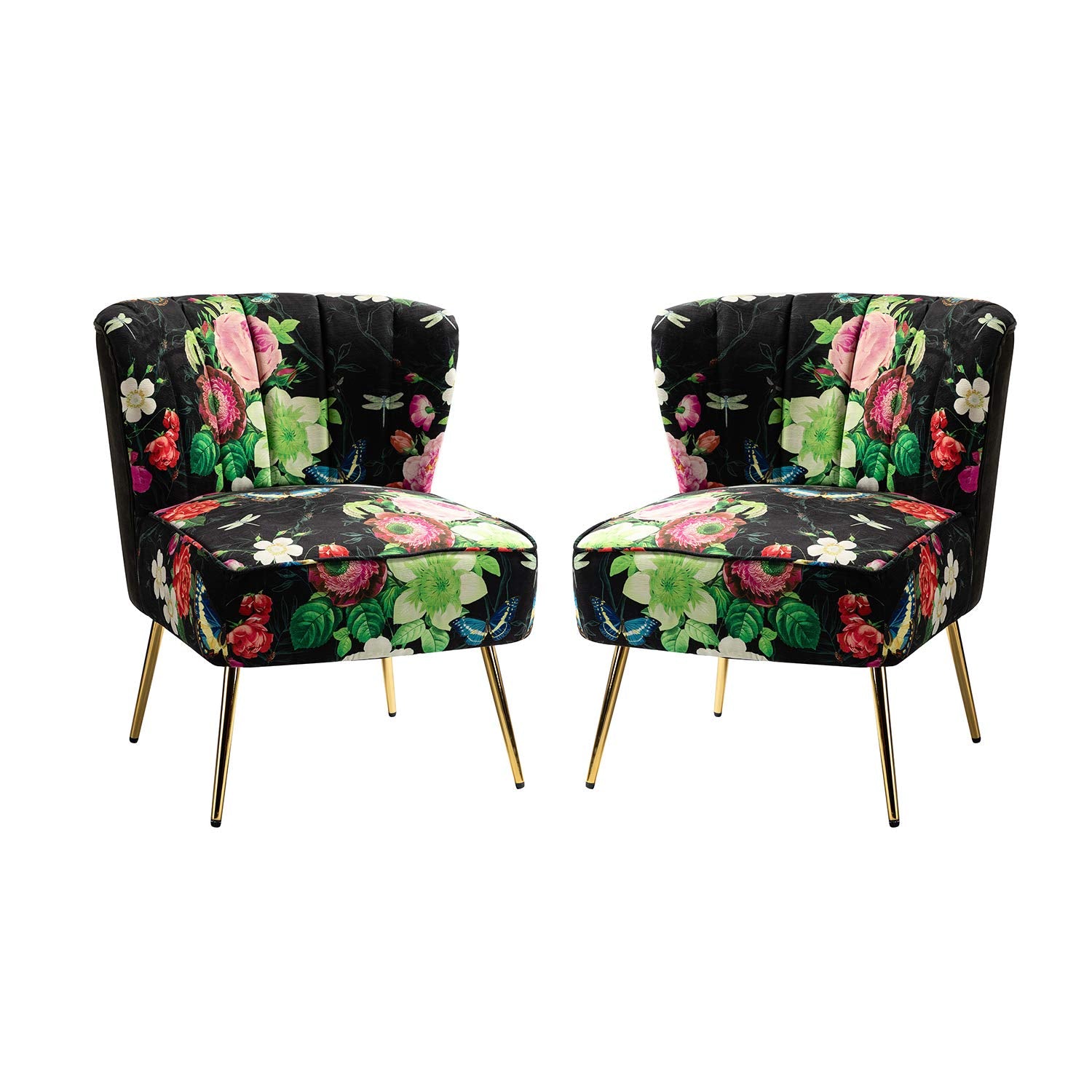 Armless Accent Chair Set of 2 with Gold Metal Legs, Comfy Floral Fabric Living Room Chair Wingback Small Side Chair, Upholstered Slipper Chair for Bedroom, Reading Room (Flower, Black)