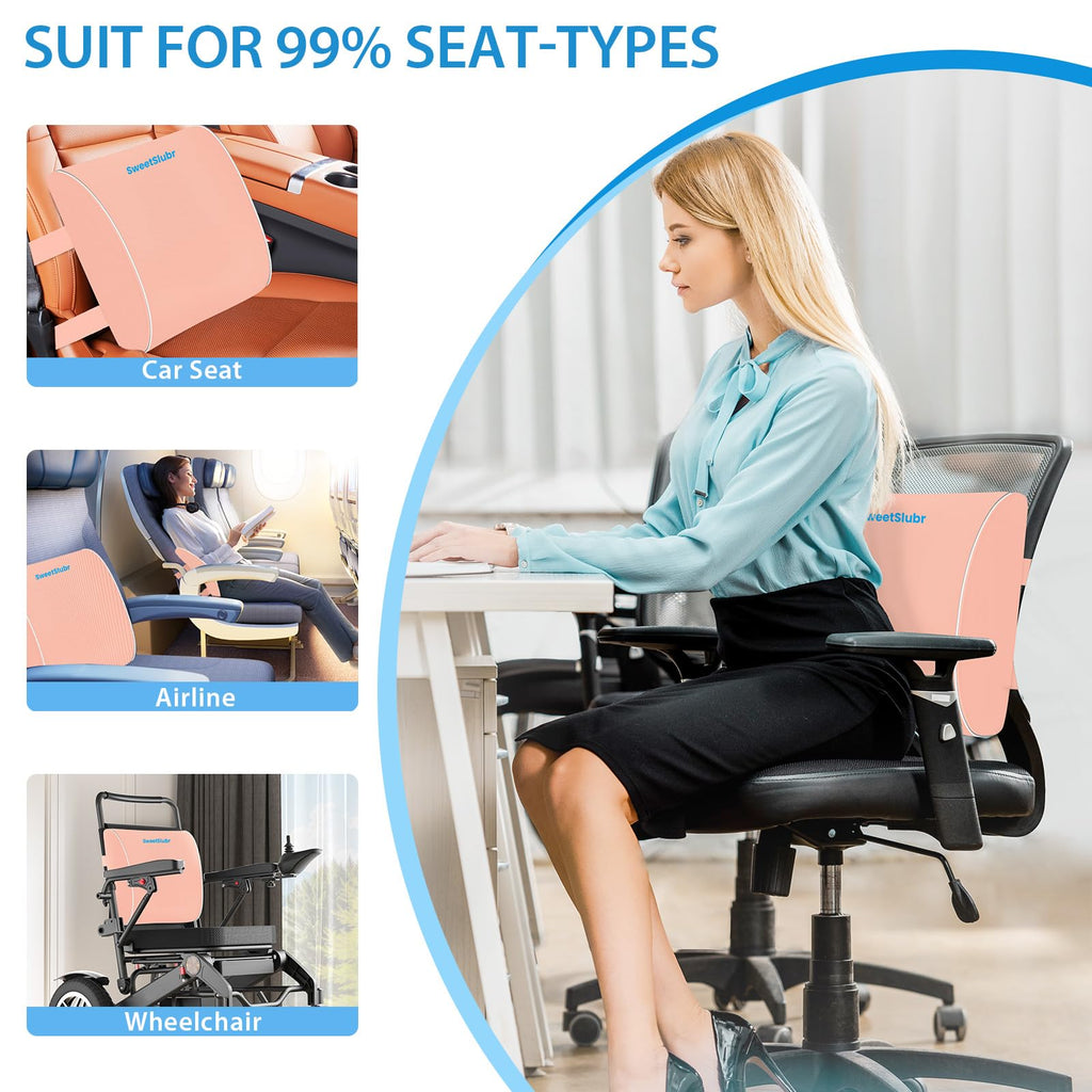 Lumbar Support Pillow for Office Chair, Car & Gaming Chair, Ergonomic Memory Foam Cushion for Back Comfort, Zoned Back Support, Double Adjustable Straps, Breathable Washable Cover, Pink