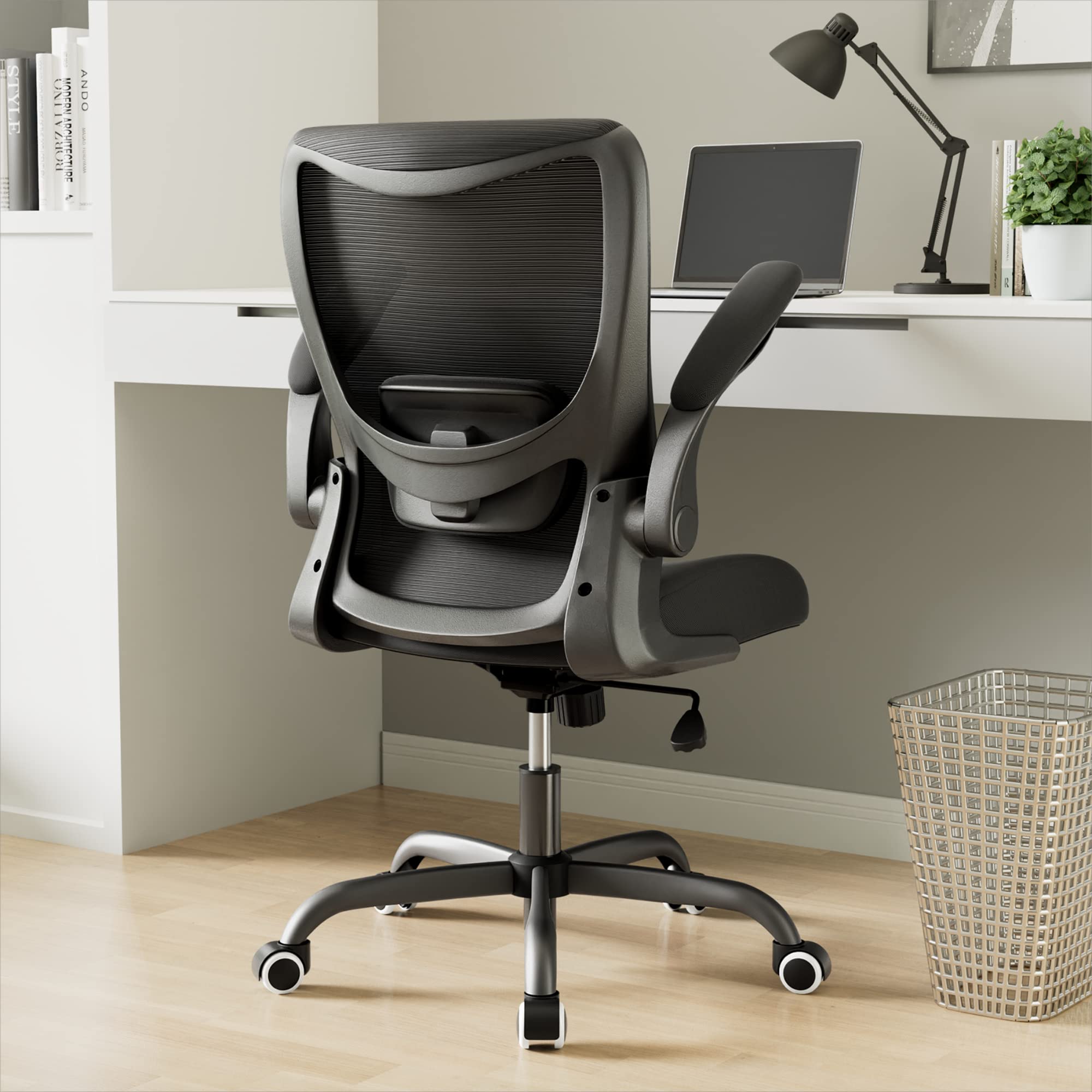 Office Chair, Ergonomic Desk Chair with Adjustable Lumbar Support and Flip up Armrest, Breathable Mesh Computer Chair for Home Office, Black