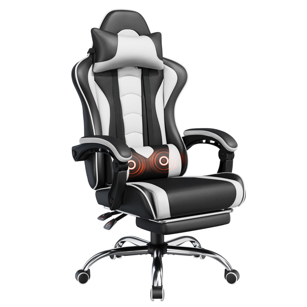 Gaming Chair with Electric Massage Lumbar Support, Footrest & Headrest — Ergonomic High Back Recliner for Home Office, Computer Desk Chair, Height Adjustable, 300 lbs, Black/White