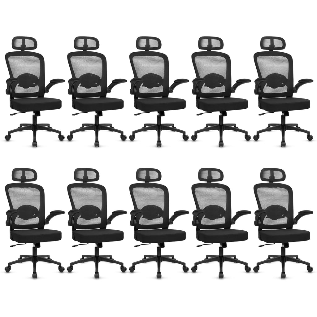 Desk Chairs with Wheels, Ergonomic Mesh Back Home Office Chair with Headrest, Adjustable Lumbar Support Swivel Rolling Computer Chairs Flip Up Arms for Conference Meeting Room, Black, 10PK