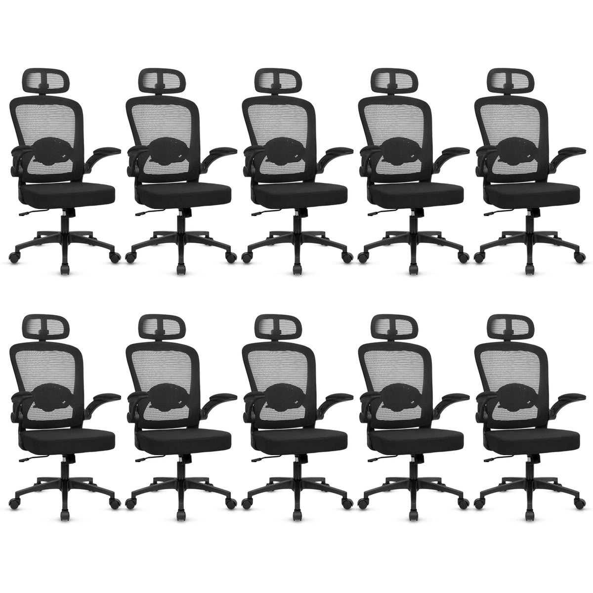Desk Chairs with Wheels, Ergonomic Mesh Back Home Office Chair with Headrest, Adjustable Lumbar Support Swivel Rolling Computer Chairs Flip Up Arms for Conference Meeting Room, Black, 10PK