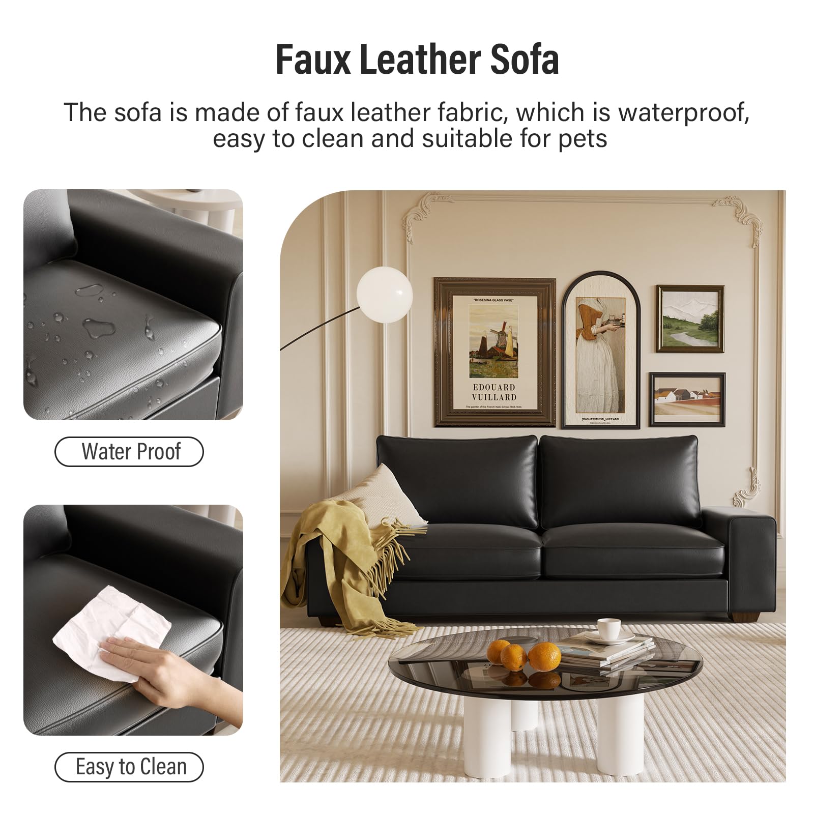 Faux Leather Couch, Mid Century Modern Comfy Loveseat Sofa with Wide Arm, Side Pockets, Solid Wooden Frame for Office, Living Room and Bedroom, 2 Seater (Black, 71.25 Inches)