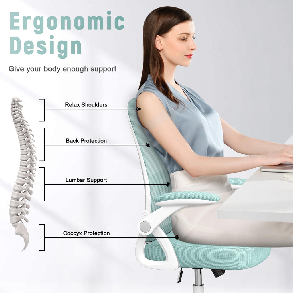 Ergonomic Office Chair, Computer Chair with Adjustable Height, Flip-Up Arms and Lumbar Support, Breathable Mesh Desk Chair for Home Study Working (Without Headrest, Green)