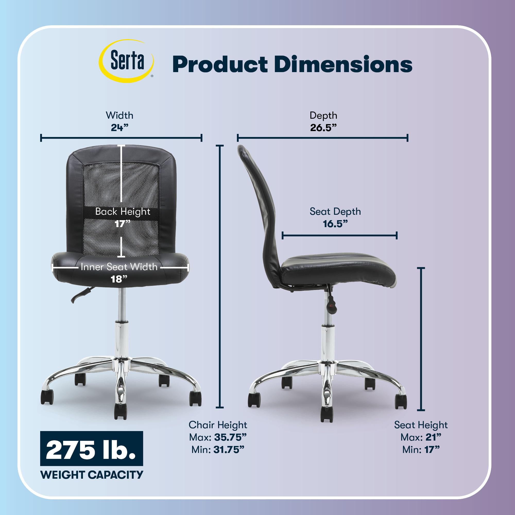 Essential Armless Chair, Small Desk Chairs with Wheels, Breathable Mesh Back and Faux Leather, Quality Foam Cushion Seat for Comfort, Minimal Design for Vanity Table, Black
