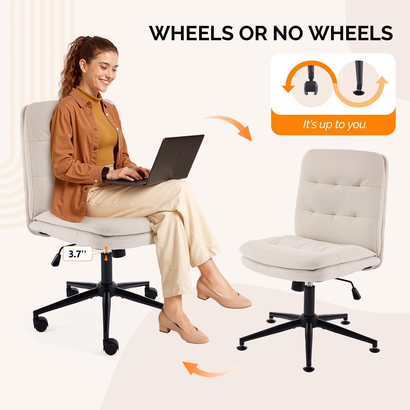 Mid Back Armless Office Desk Chair with Wheels/no Wheels,360°Rocking Swivel Vanity Chair with Thickened Cushion,Adjustable Height Rolling for Reading Room, Make up,Linen Beige