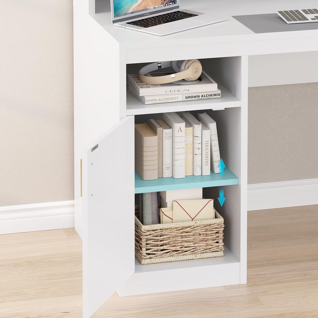 Computer Desk with 3 Drawer & Storage Shelves, Home Office Desk with File Drawer & Cabinet, Writing Study Table with Long Monitor Stand & Printer Shelf, Executive Desk, White