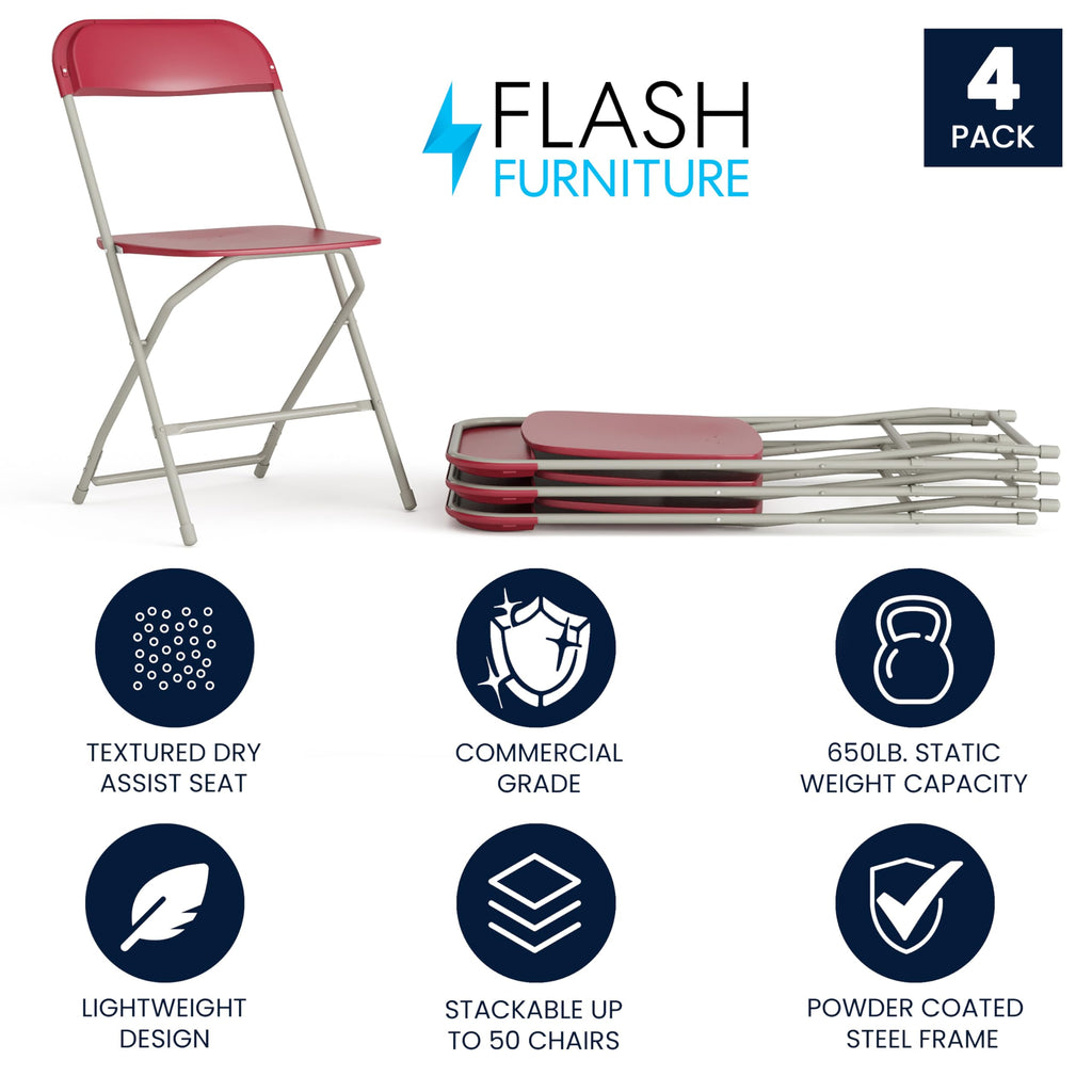 4 Pack, Hercules Series Plastic Folding Chair - Red - 650LB Weight Capacity Comfortable Event Chair-Lightweight Folding Chair