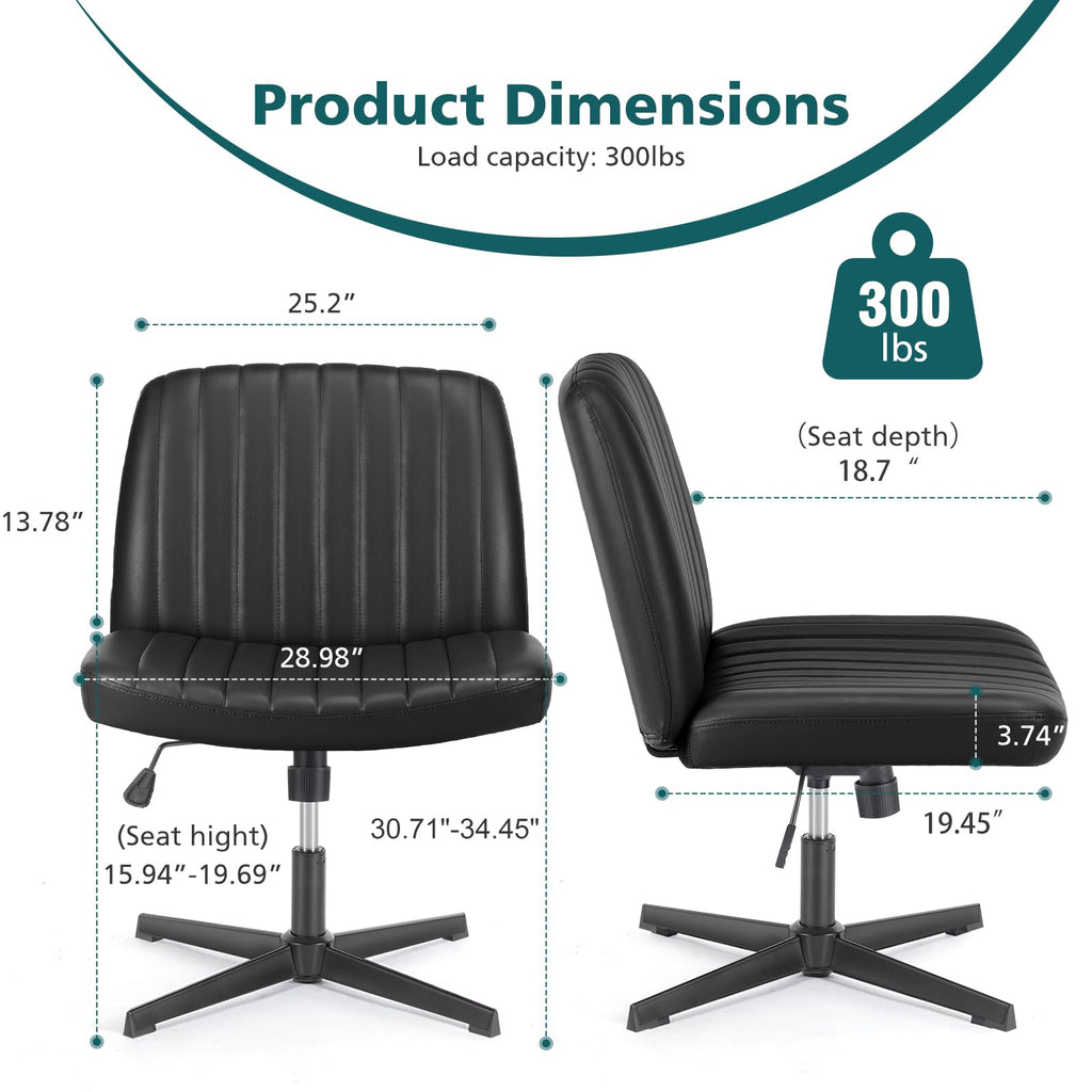 Criss Cross Legged Chairs No Wheels, Wide Seat Height Adjustable Swivel Chair,Padded PU Leather Armless Desk Chair for Home Office Bedroom, Student, Study Room,Black-Pu