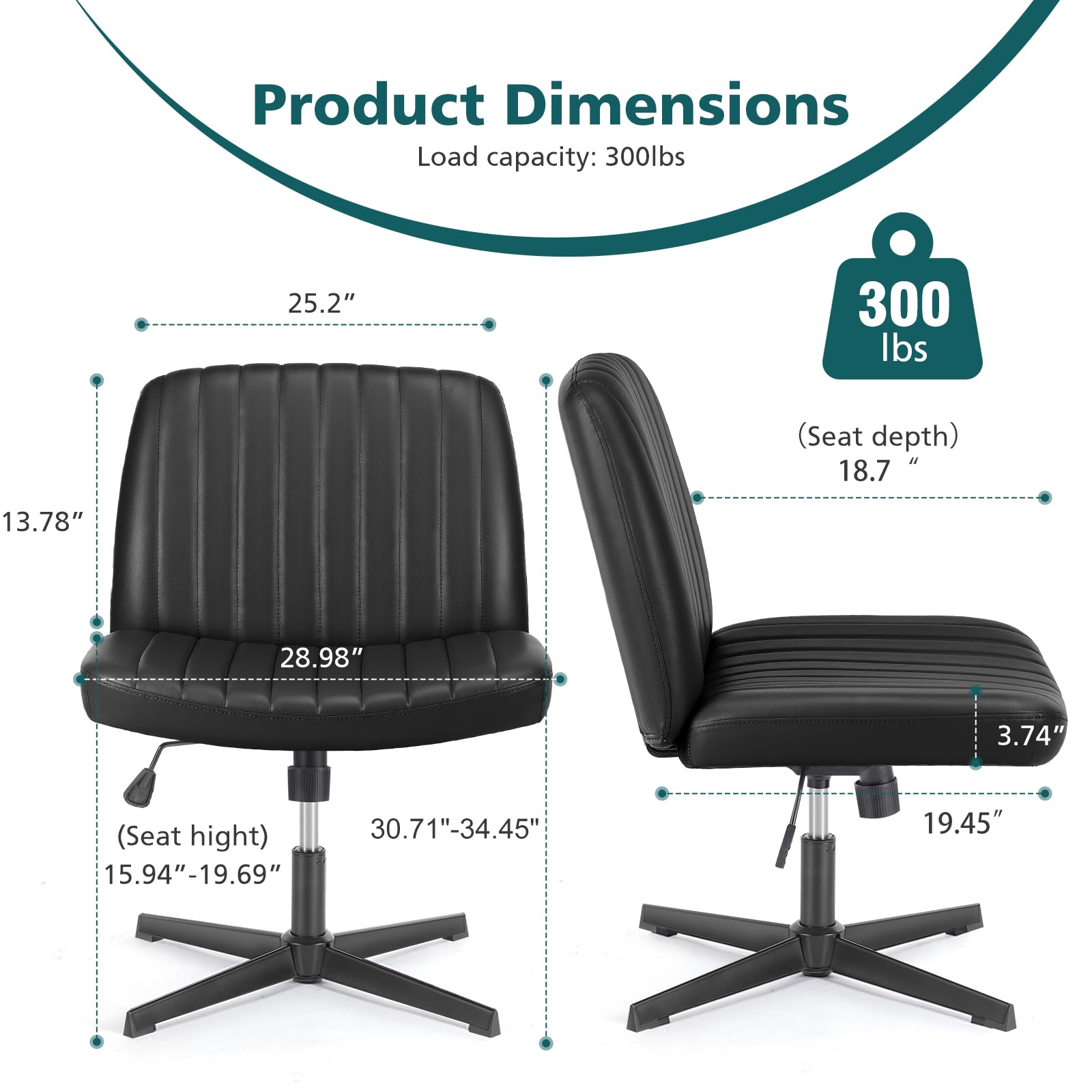 Criss Cross Legged Chairs No Wheels, Wide Seat Height Adjustable Swivel Chair,Padded PU Leather Armless Desk Chair for Home Office Bedroom, Student, Study Room,Black-Pu