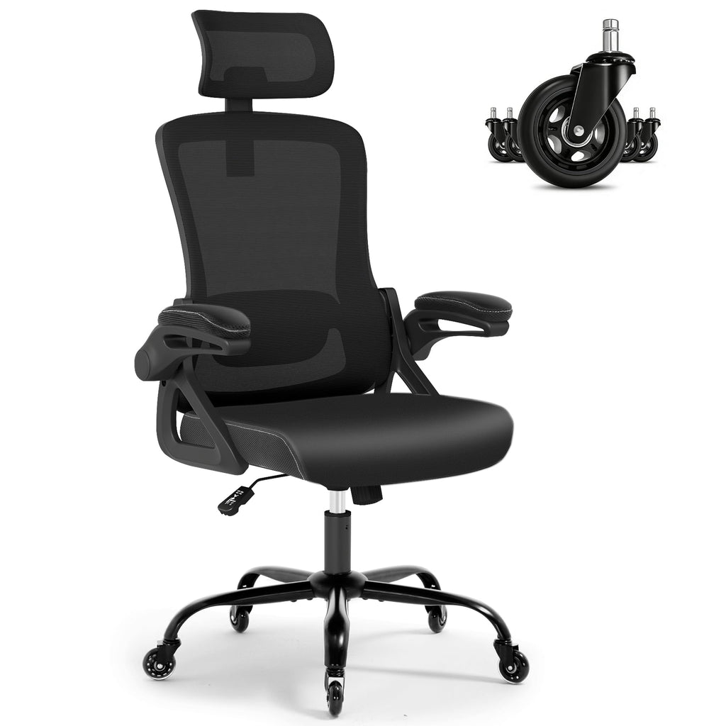 Office Chair, Ergonomic Office Chair with Adjustable Headrest Lumbar Support Computer Chair, Desk Chair Comfy with Flip-up Armrests, Gaming Chairs for Adults Home Office (Leather, Black)