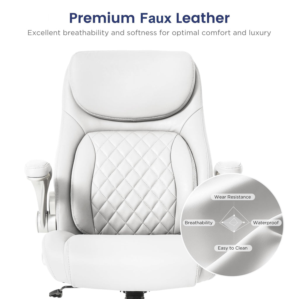 Nouhaus Ergonomic Office Chair Premium Leather Adjustable Lumbar Support & Armrests, High Back Comfy Desk Gaming Chairs Executive Computer Swivel Chair Tilt Function(Posture,White)