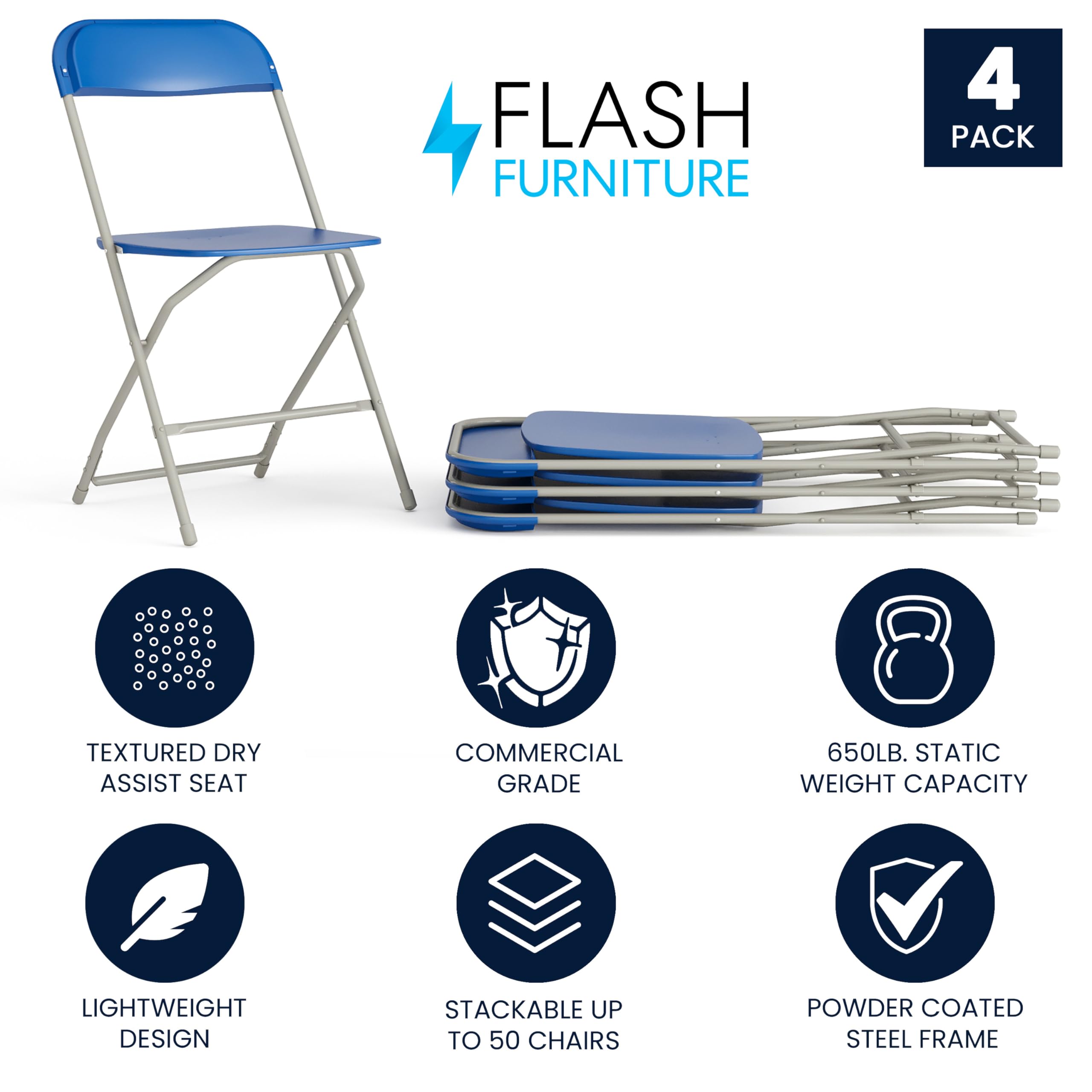 4 Pack, Hercules Series Plastic Folding Chair - Blue - 650LB Weight Capacity Comfortable Event Chair-Lightweight Folding Chair