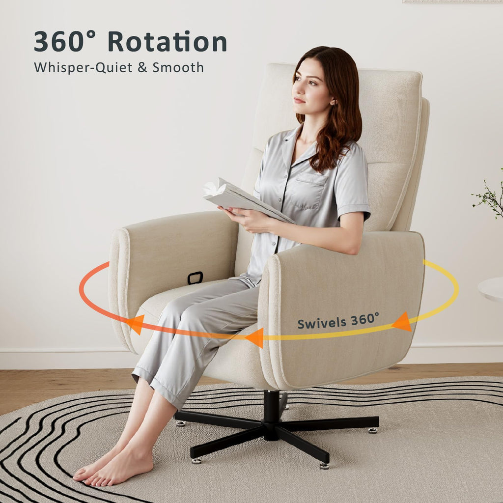 Power Swivel Recliner Chair, Modern Electric with USB & Type-C Ports, Upholstered Velvet Swivel Recliner Chair, 360° Swivel for Office & Living Room, Easy Assembly (Beige)