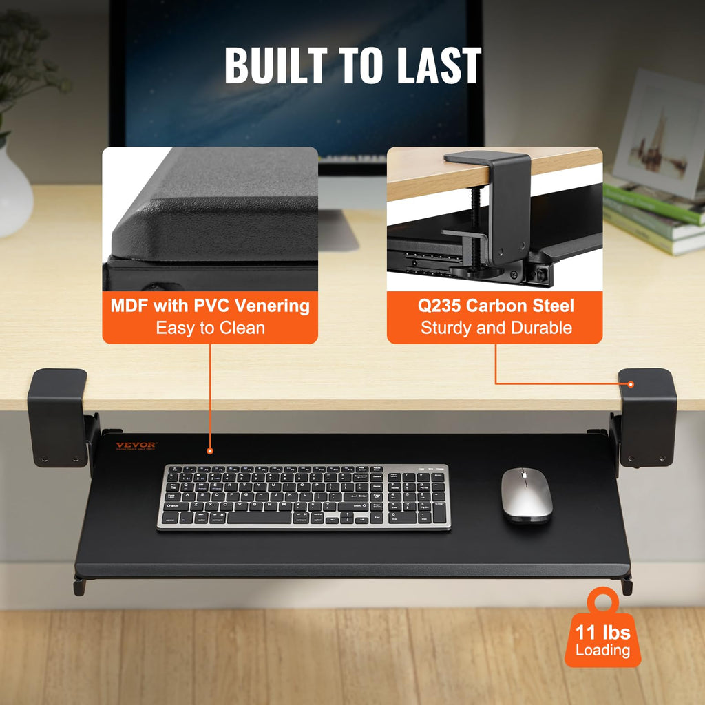 Clamp on Keyboard Tray Under Desk, Desk Keyboard Tray Slide Out with Sturdy No-Drill C Clamp Mount, Large 26.8 x 11 inch Slide-Out Computer Drawer for Typing in Home, Office Work