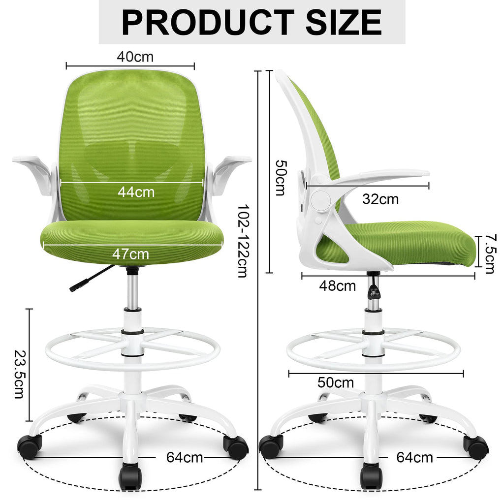 Drafting Chair Tall Office Chair with Flip-up Armrests Executive Ergonomic Computer Standing Desk Chair with Lumbar Support and Adjustable Footrest Ring (Green)