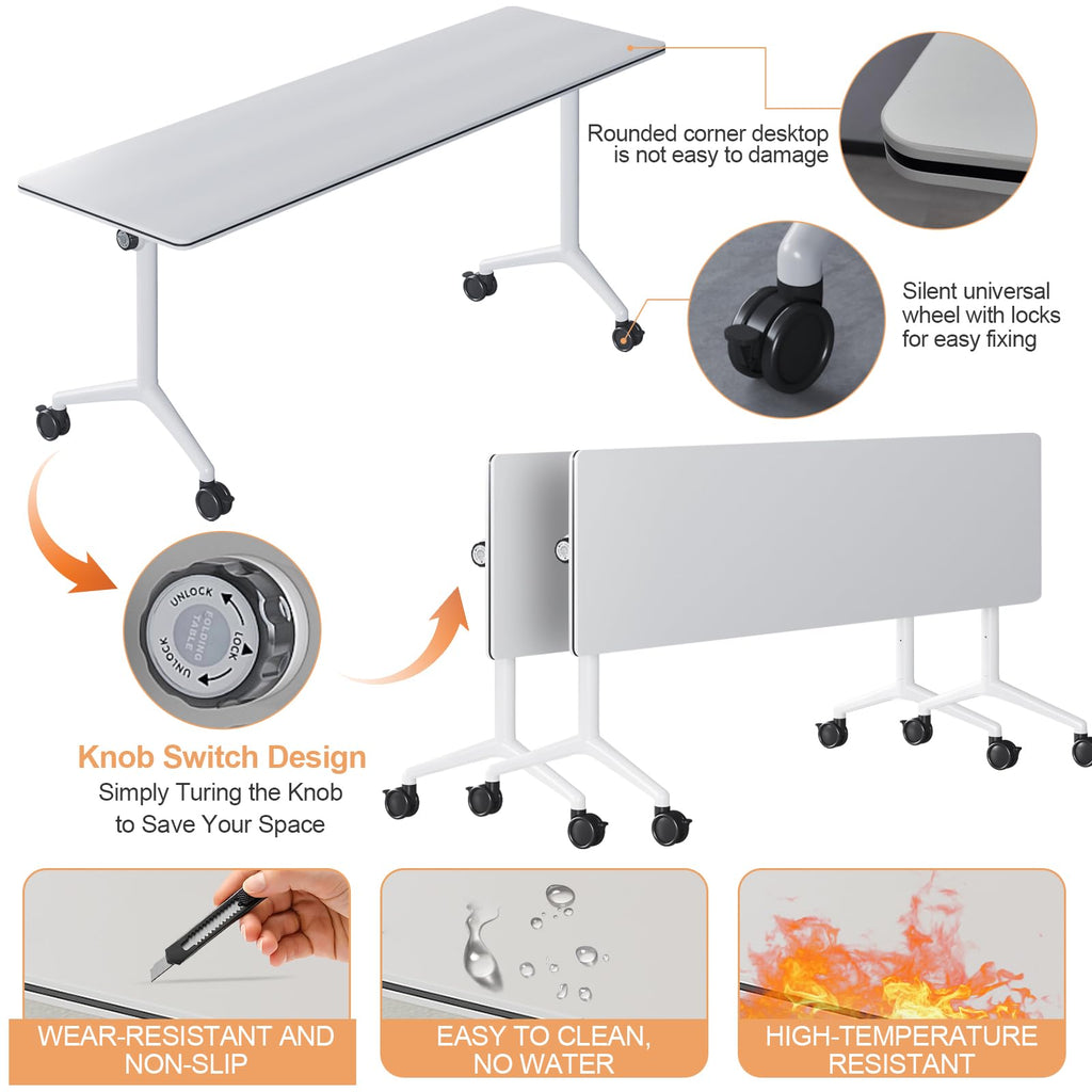 Folding Conference Table with Wheels, Flip-Top, 70.8in, 2 Pack, White