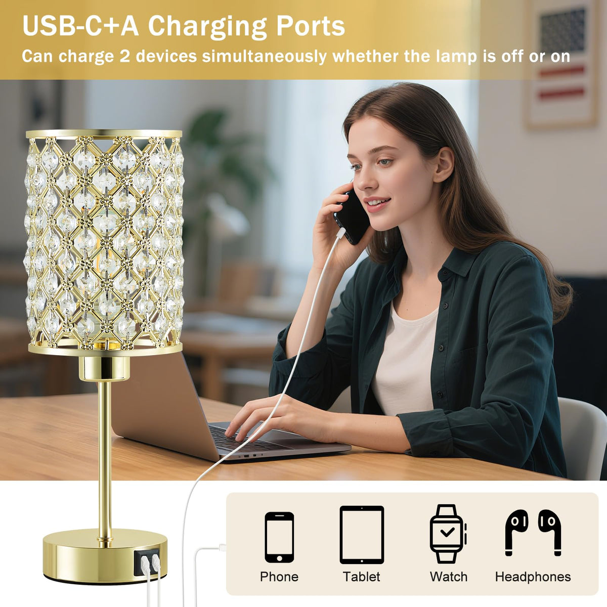 Gold Crystal Bedside Table Lamps Set of 2 with USB C+A Ports