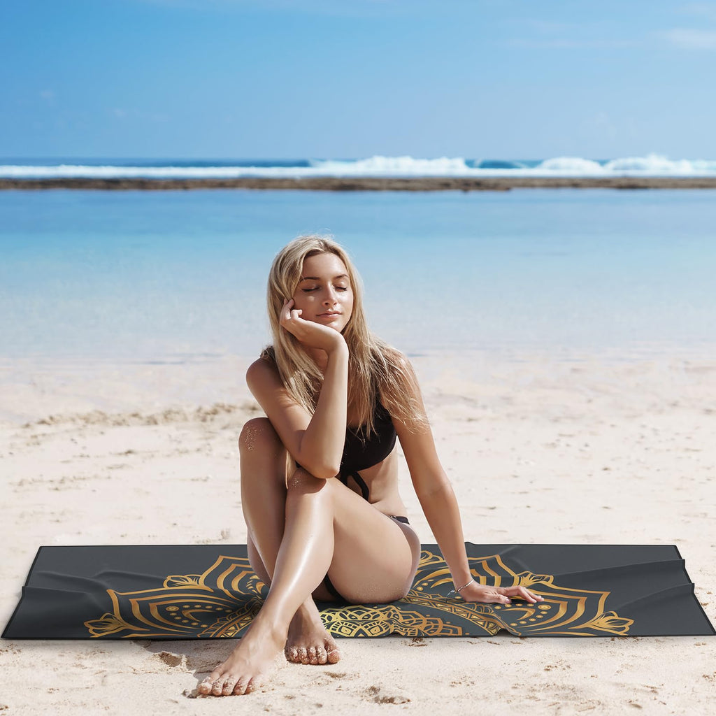 Hot Yoga Towel with Grip Dots, Non Slip, 70"x26, Gold Mandala