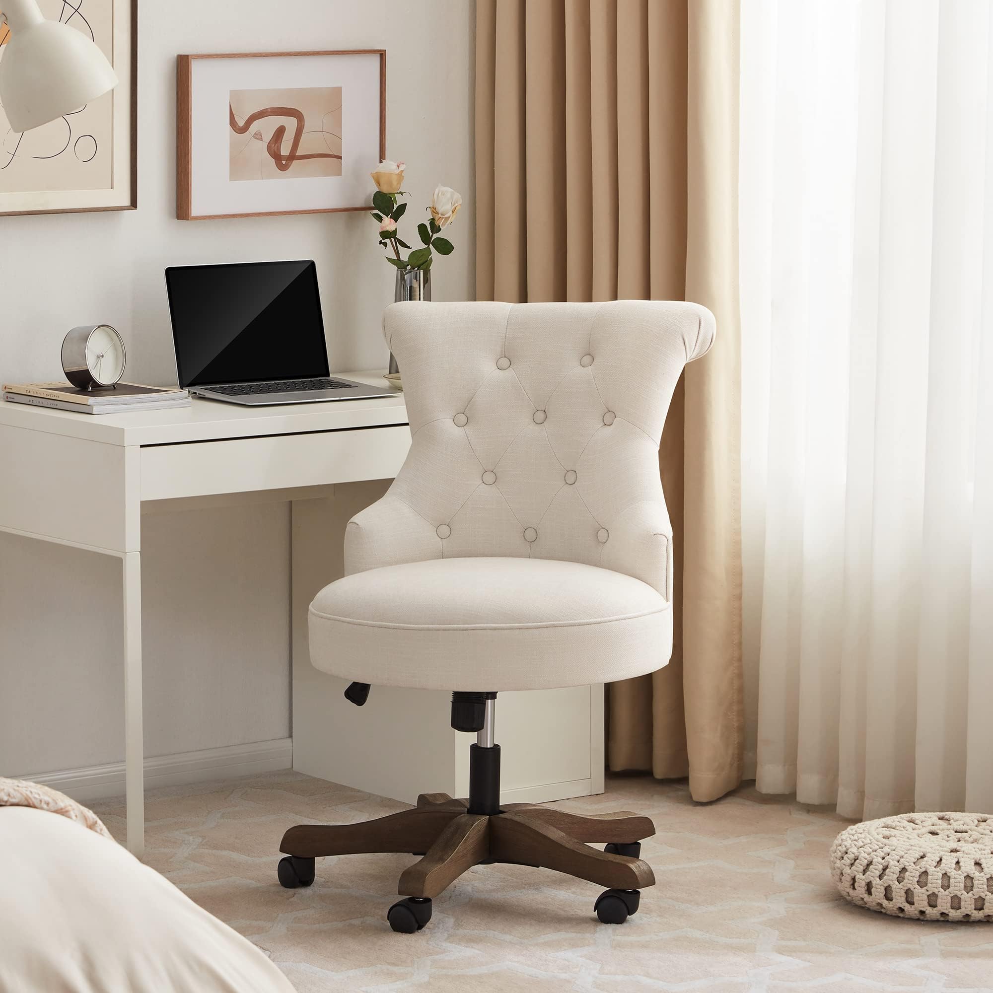 Home Office Chair Upholstered Armless Desk Chairs with Wheels Adjustable Height Computer Desk Chair with Wooden Legs Linen Comfortable Swivel for Home Office Study Studio (Beige)